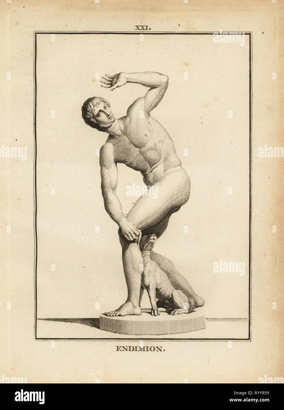 Statue of Endymion, Greek shepherd. Copperplate engraving by Francois-Anne David from Museum de Florence, ou Collection des Pierres Gravees, Statues, Medailles, Chez F.A. David, Paris, 1787. David (1741-1824) drew and engraved the illustrations based on Roman statues, engraved stones and medals in the collection of the Museum de Florence and the cabinet of curiosities of the Grand Duke of Tuscany. Stock Photo