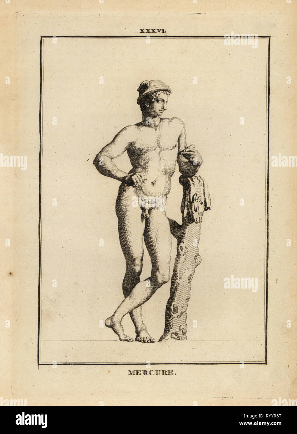 Statue of Mercury, Roman god of commerce and communication, in winged hat petasos with goat skin. Copperplate engraving by Francois-Anne David from Museum de Florence, ou Collection des Pierres Gravees, Statues, Medailles, Chez F.A. David, Paris, 1787. David (1741-1824) drew and engraved the illustrations based on Roman statues, engraved stones and medals in the collection of the Museum de Florence and the cabinet of curiosities of the Grand Duke of Tuscany. Stock Photo