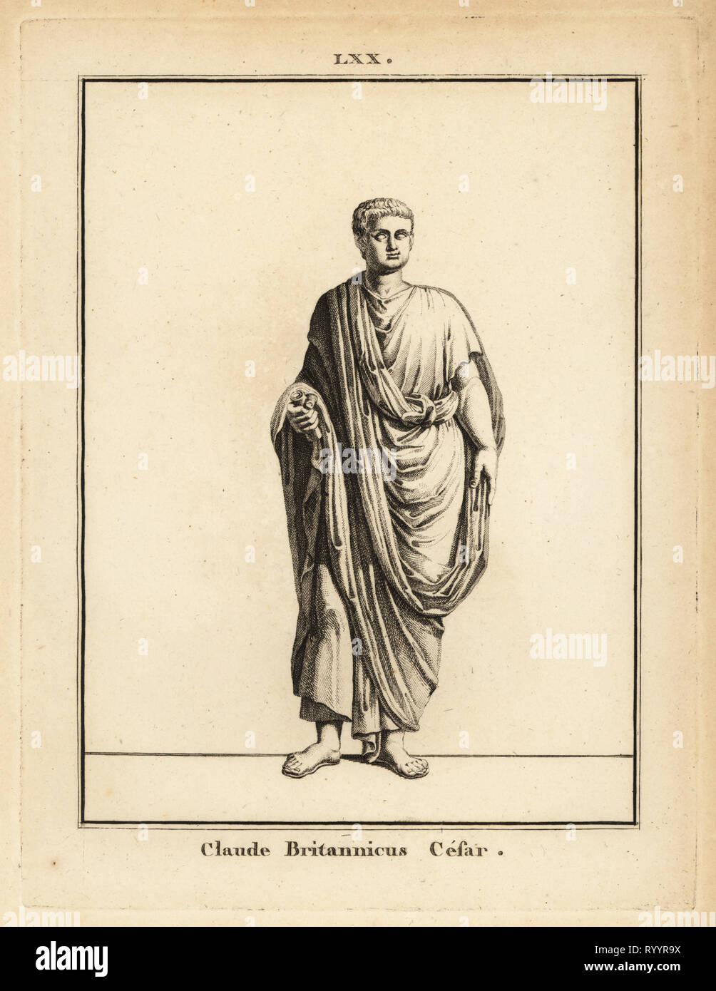 Statue of Roman Emperor Claudius, Tiberius Claudius Caesar Augustus Germanicus, 10BC - 54AD. Copperplate engraving by Francois-Anne David from Museum de Florence, ou Collection des Pierres Gravees, Statues, Medailles, Chez F.A. David, Paris, 1787. David (1741-1824) drew and engraved the illustrations based on Roman statues, engraved stones and medals in the collection of the Museum de Florence and the cabinet of curiosities of the Grand Duke of Tuscany. Stock Photo
