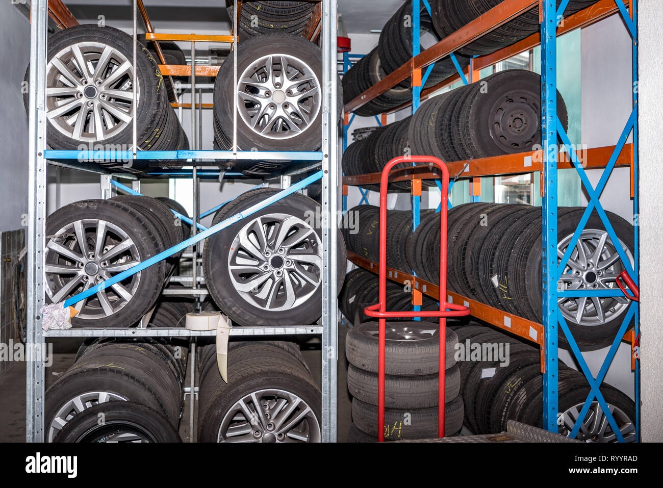 Used old car tires at warehouse. Auto Repair stores tires for tire