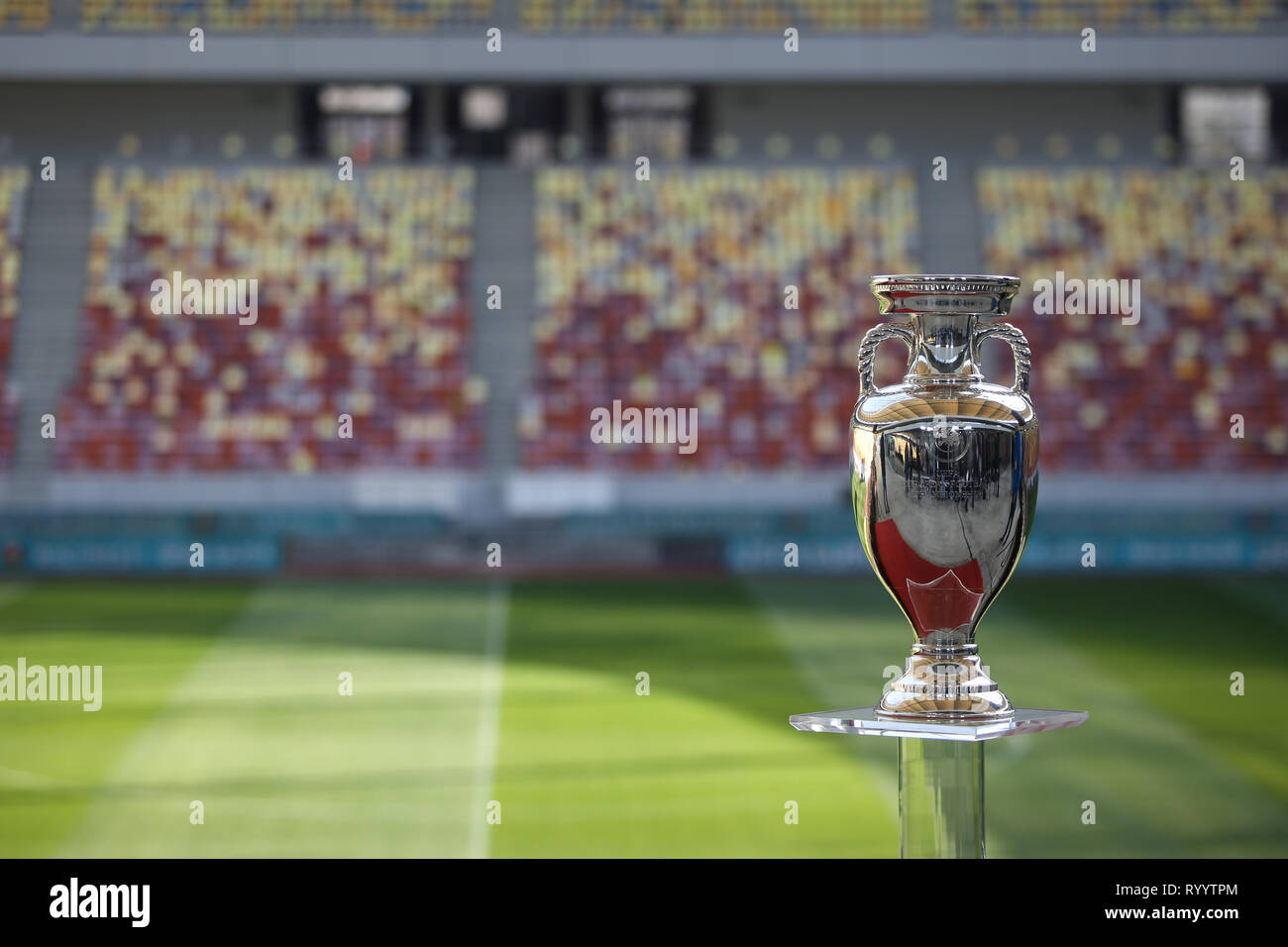 Bucharest, Romania - March 16, 2019: The original UEFA Euro 2020 tournament trophy is being presented to the public on the National Arena Stadium in B Stock Photo