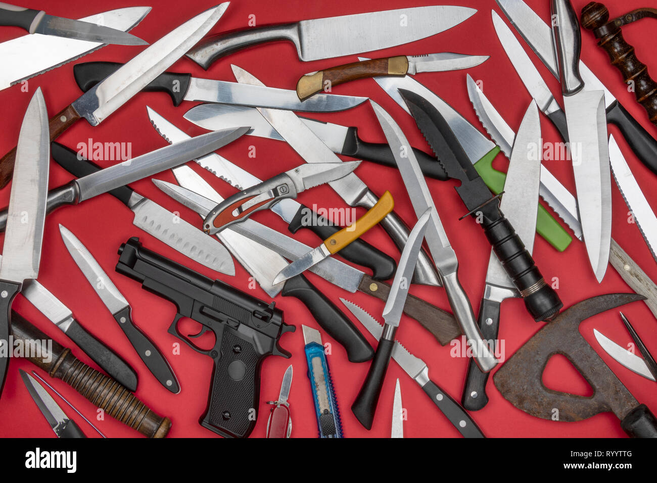 Weapons handed in to the police during a weapons armistice. Stock Photo