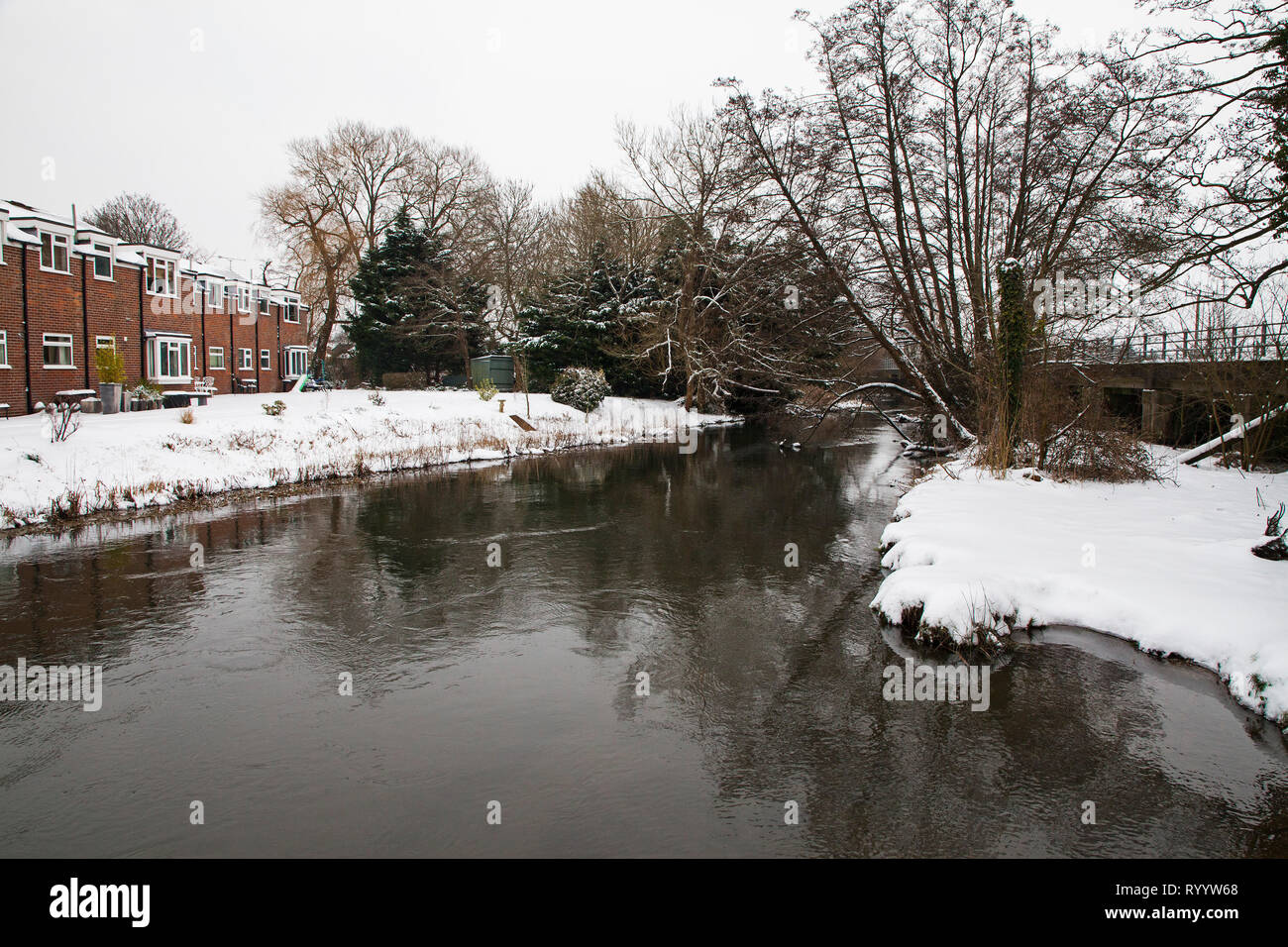 The Mill Stream and Old Mill Flats in snow, Ringwood, Hampshire
