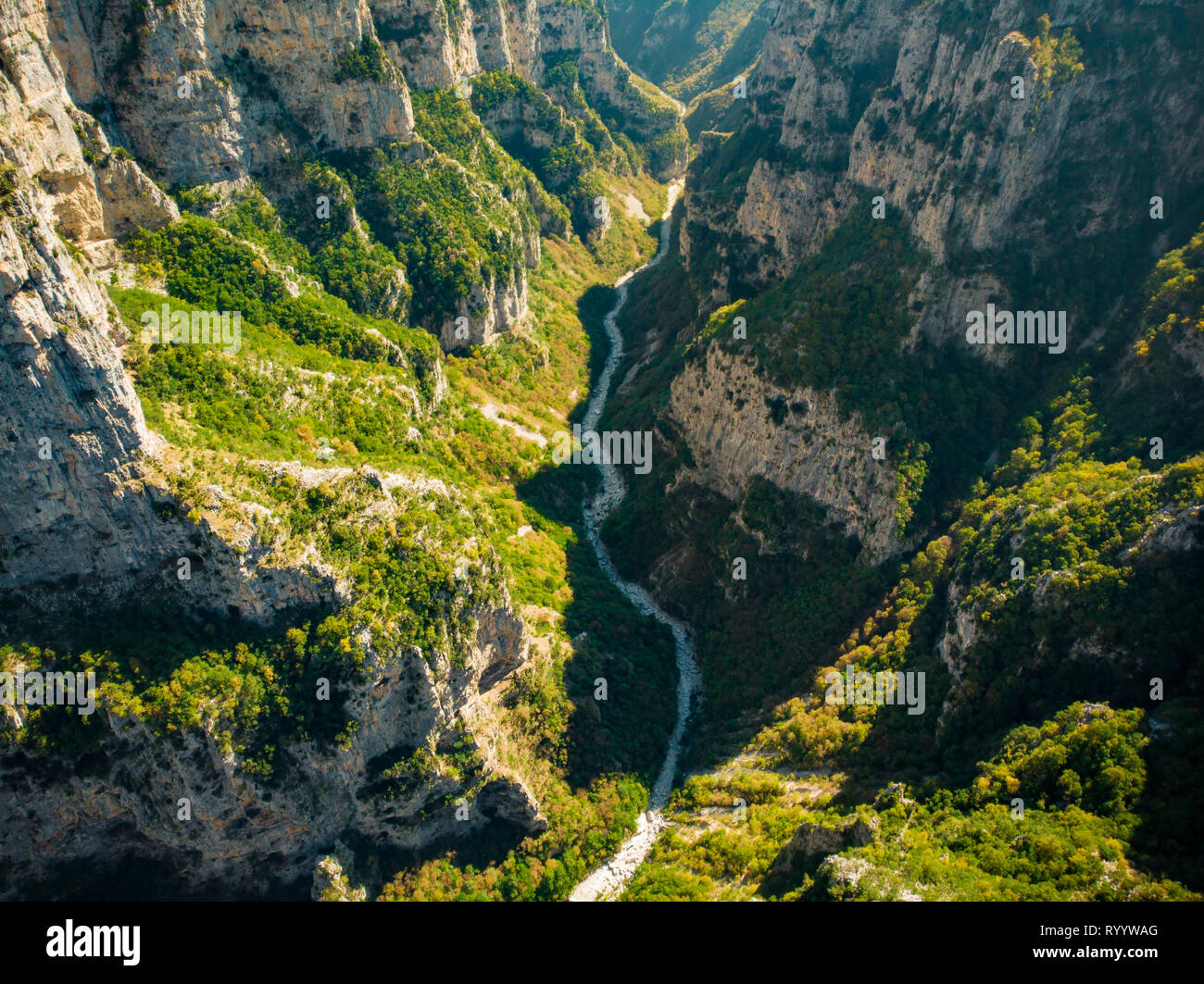 Aerial view of Vikos Gorge, a gorge in the Pindus Mountains of northern