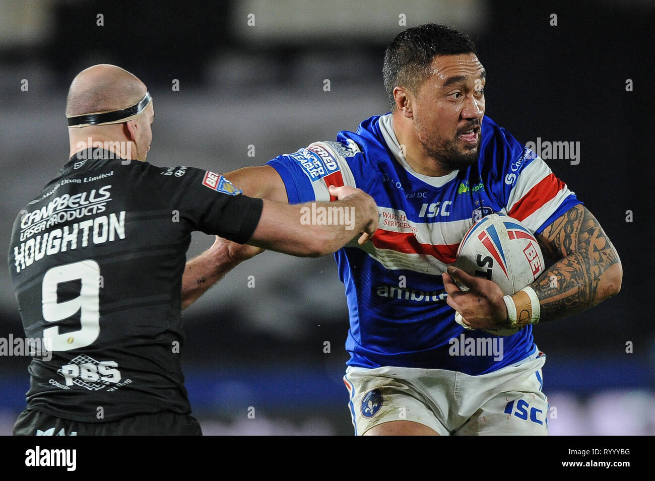 Hull, UK, 15 3 2019. 15 March 2019. KCOM Stadium, Hull, England; Rugby League Betfred Super League, Hull FC vs Wakefield Trinity; Wakefield TrinityÕs Tinirau Arona leads another attack. Dean Williams Credit: Dean Williams/Alamy Live News Stock Photo