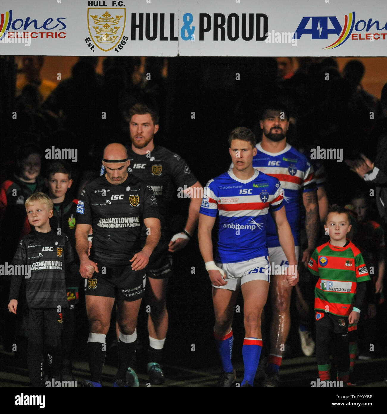 Hull, UK, 15 3 2019. 15 March 2019. KCOM Stadium, Hull, England; Rugby League Betfred Super League, Hull FC vs Wakefield Trinity; Danny Houghton and Jacob Miller lead out the teams. Dean Williams Credit: Dean Williams/Alamy Live News Stock Photo