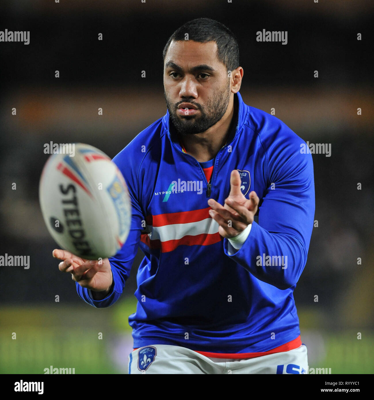 Hull, UK, 15 3 2019. 15 March 2019. KCOM Stadium, Hull, England; Rugby League Betfred Super League, Hull FC vs Wakefield Trinity; Bill Tupou in warm up. Dean Williams Credit: Dean Williams/Alamy Live News Stock Photo