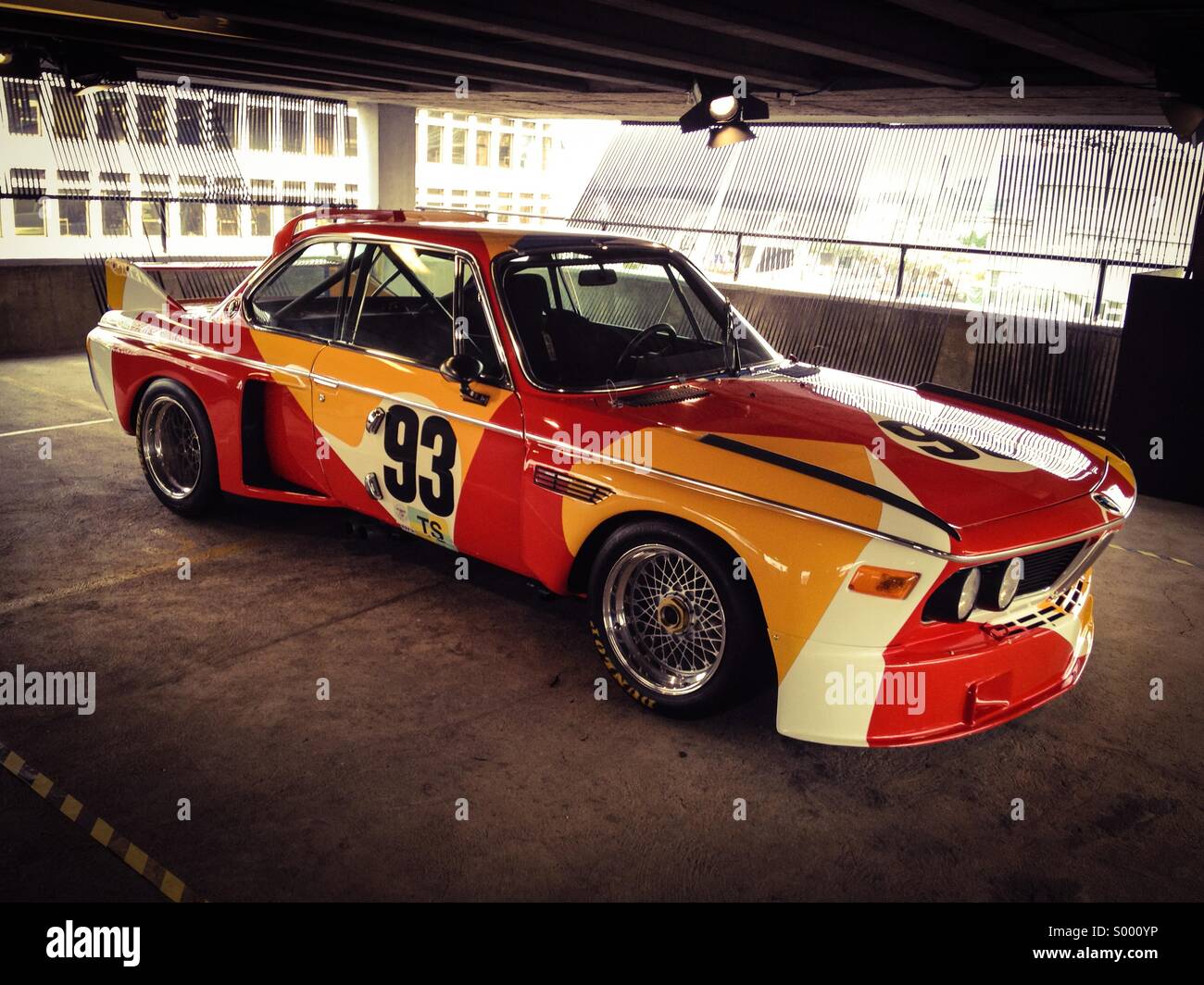 BMW Art Car, the 3.0 CSL by Alexander Calder in a multi-storey carpark in Shoreditch Stock Photo