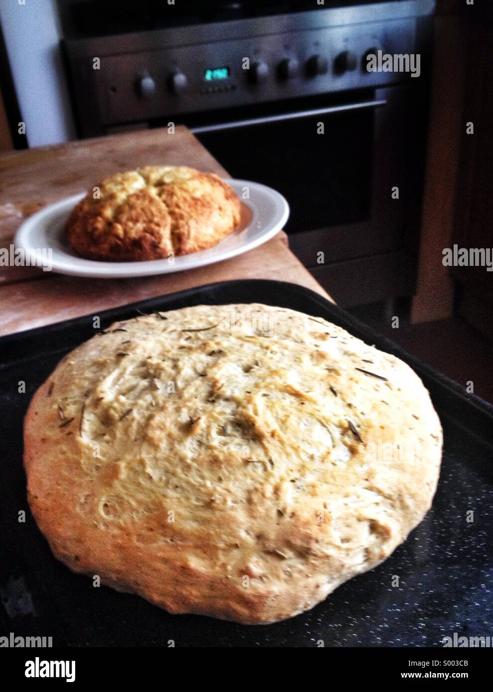 Home baking, rosemary focaccia and cheese scone round Stock Photo