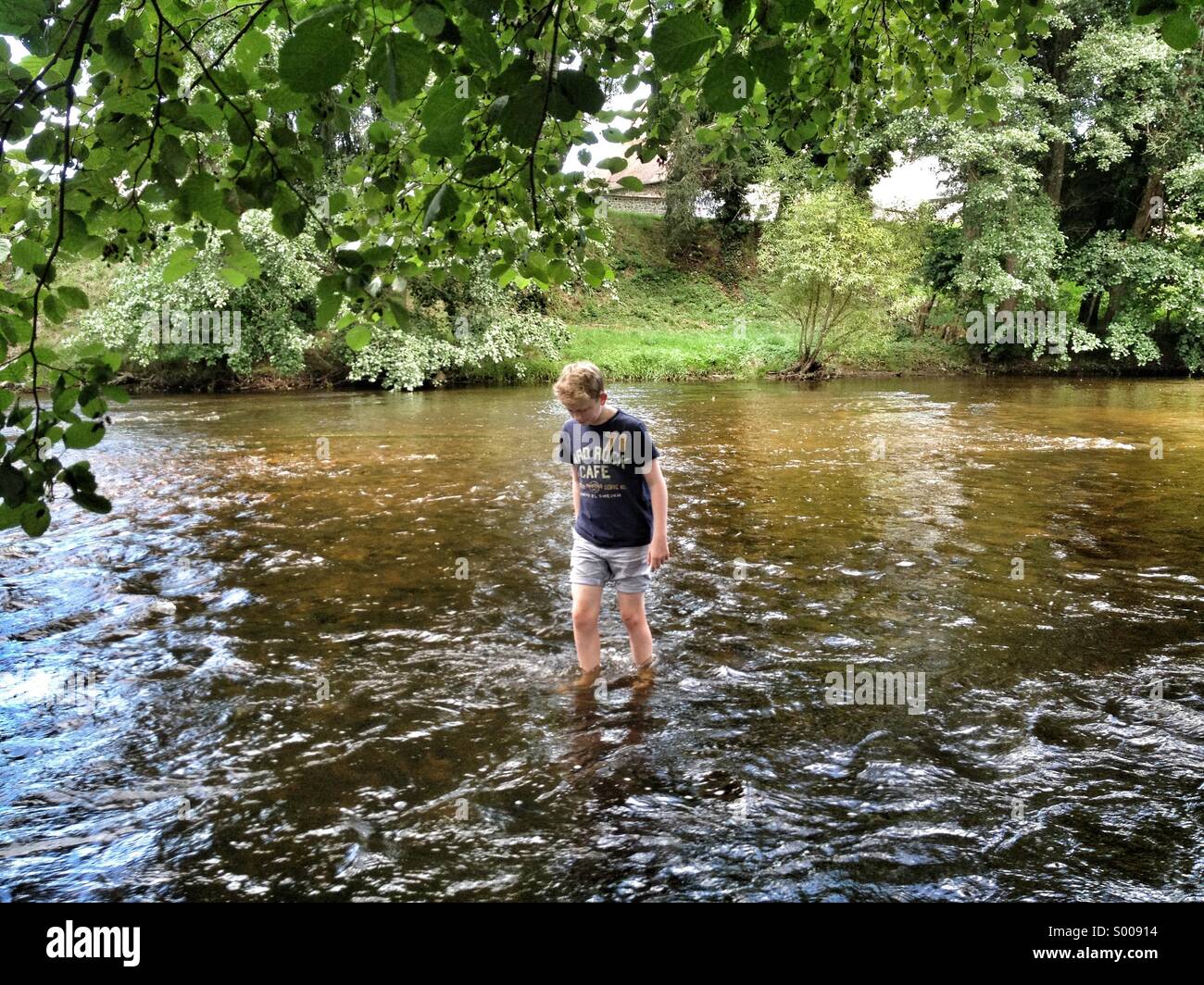 Young teenage Boy wading in fresh water stream river Stock Photo Alamy
