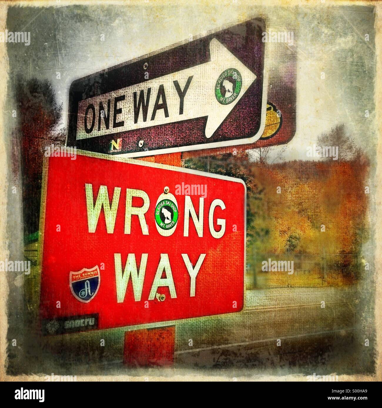 Juxtaposition of street signs One Way Wrong Way in rural Washington United States US - Smartphone Captured Stock Image