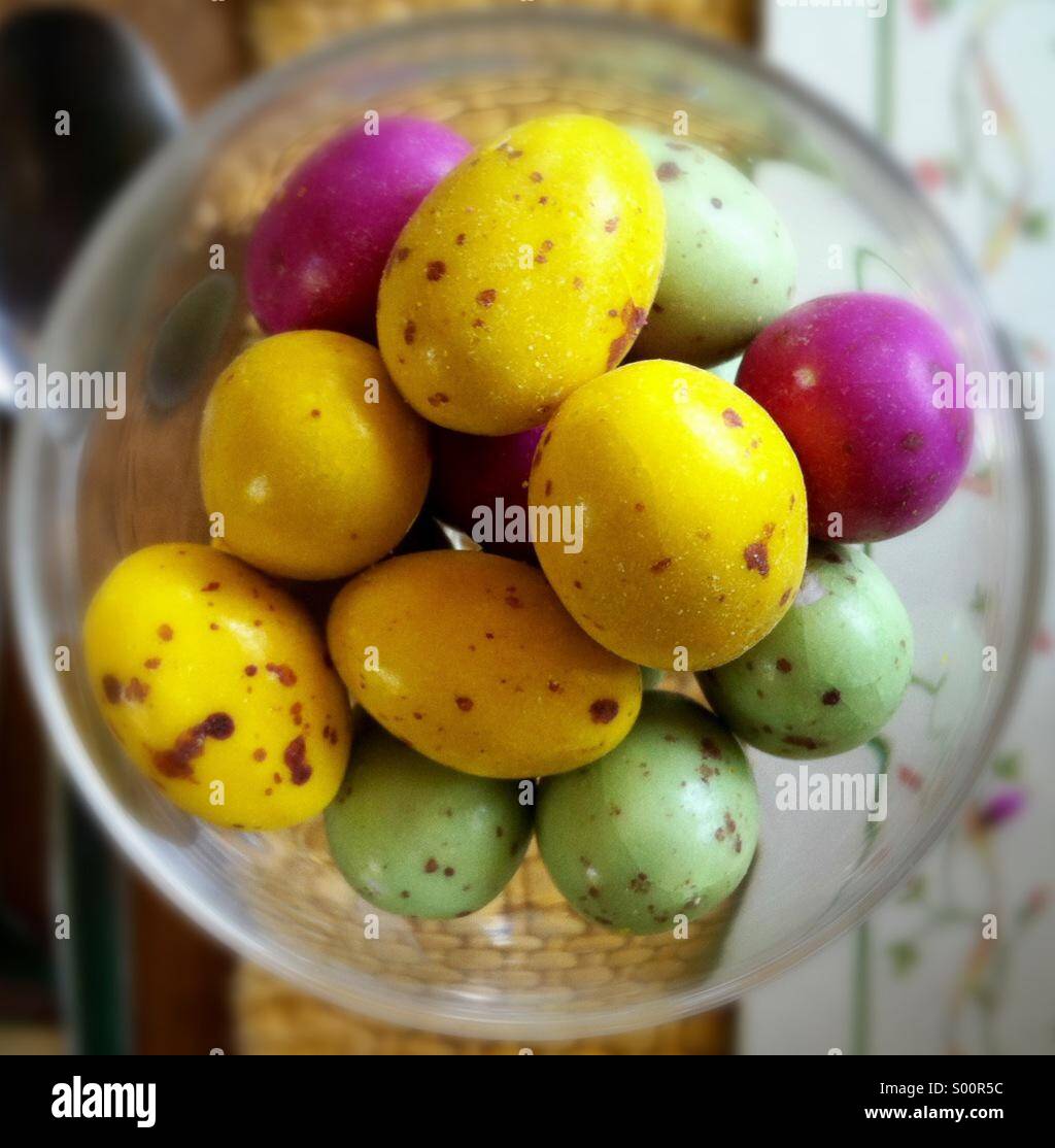 Small colourful egg-shaped sweets in a bowl for Easter - Smartphone Captured Stock Image
