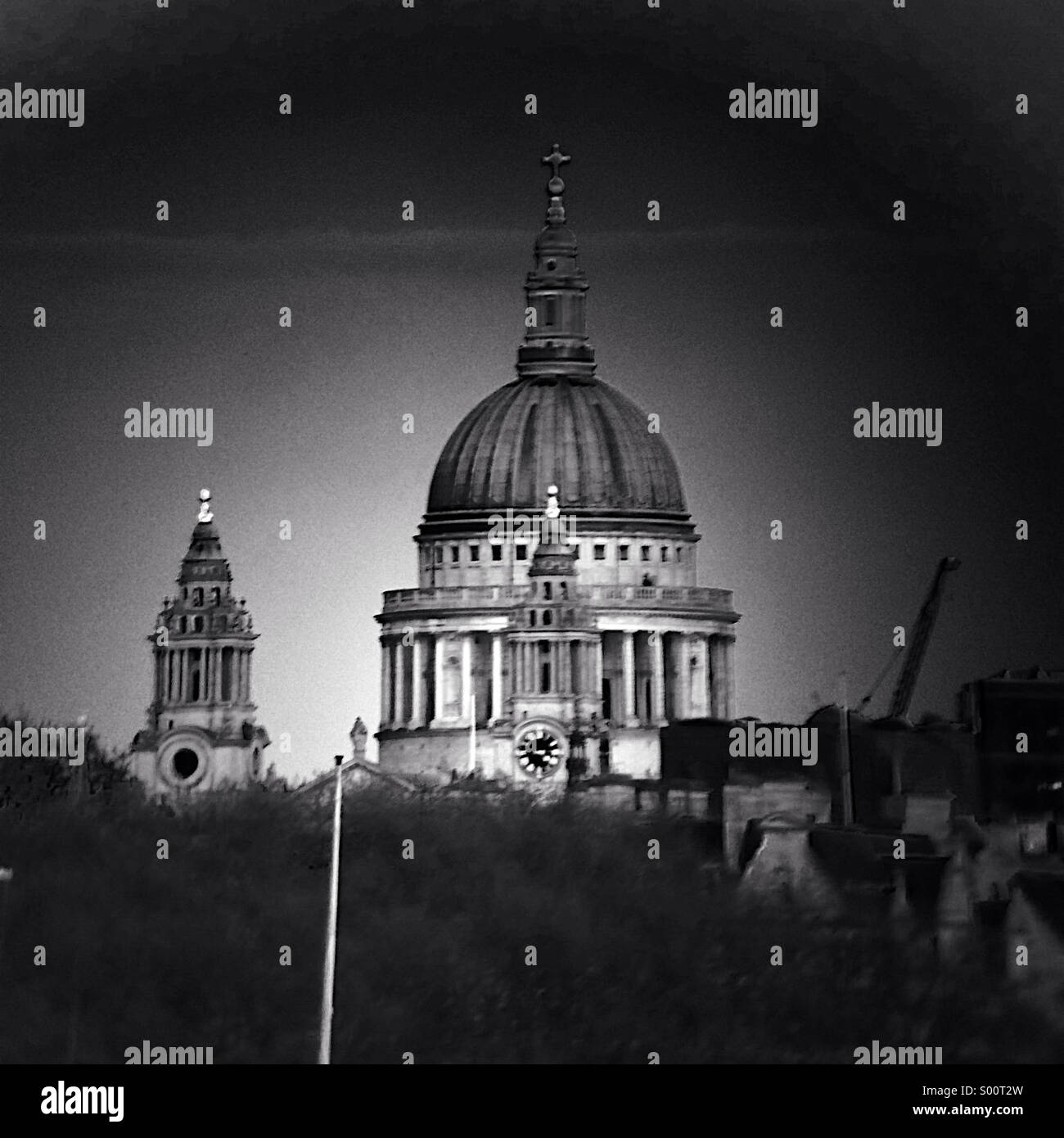 Grainy black and white view of St Paul's Cathedral, London, from Waterloo Bridge - Smartphone Captured Stock Image