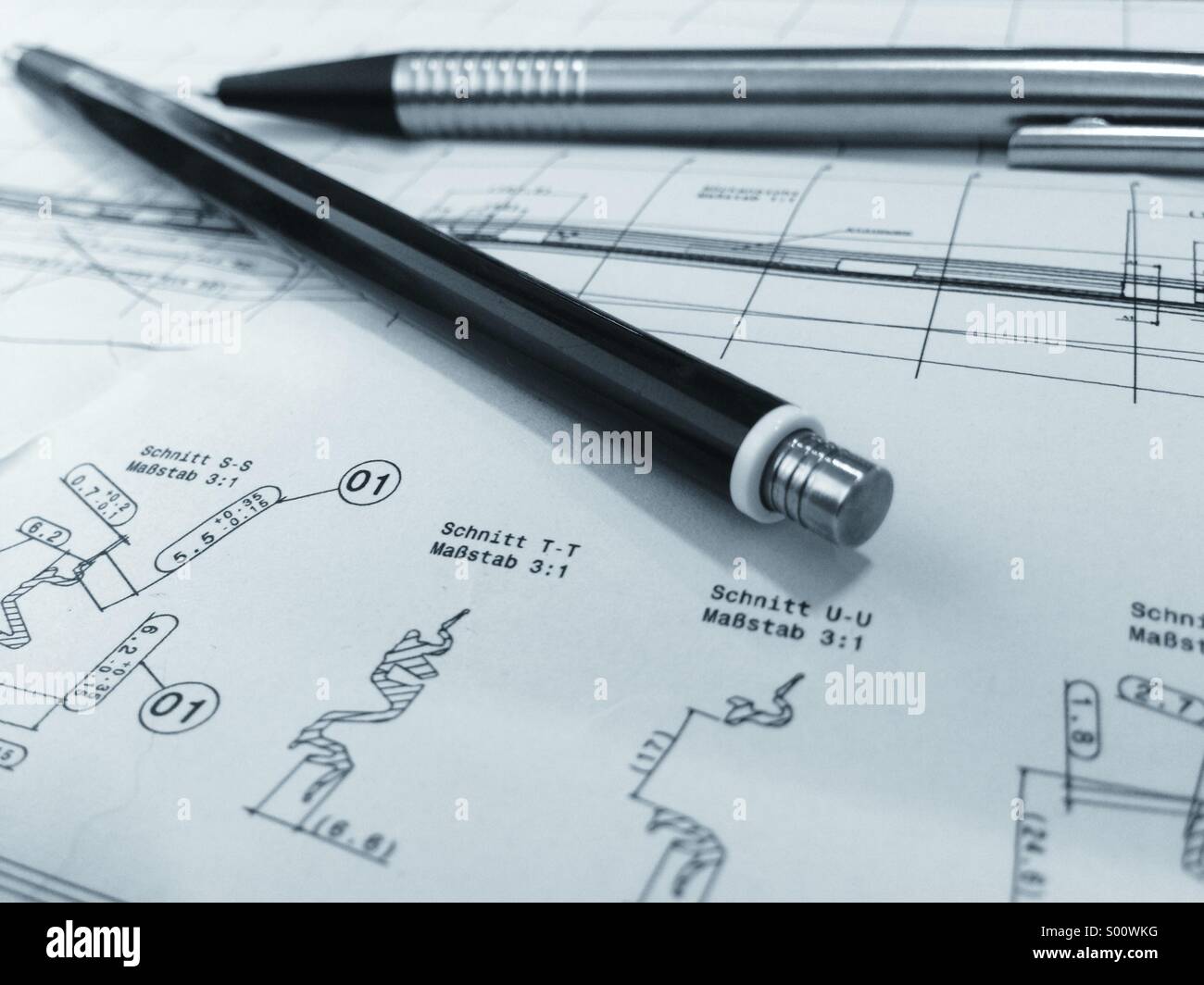 Engineering drawing with pencil and ballpen Stock Photo