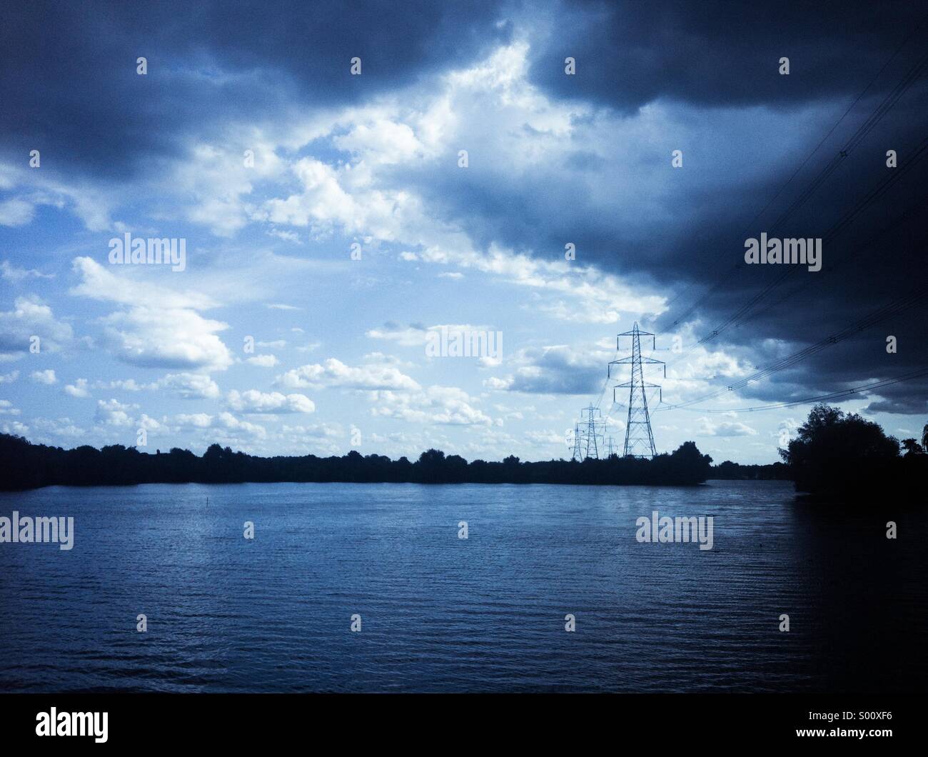 Lake and electricity pylons - Smartphone Captured Stock Image