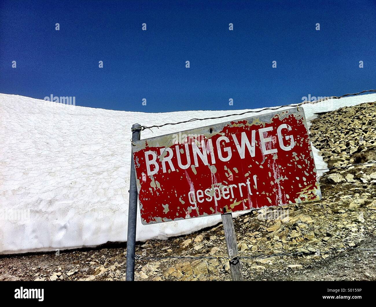 Mountain path closed sign - summit of Rothorn, near Brienz, Switzerland Stock Photo
