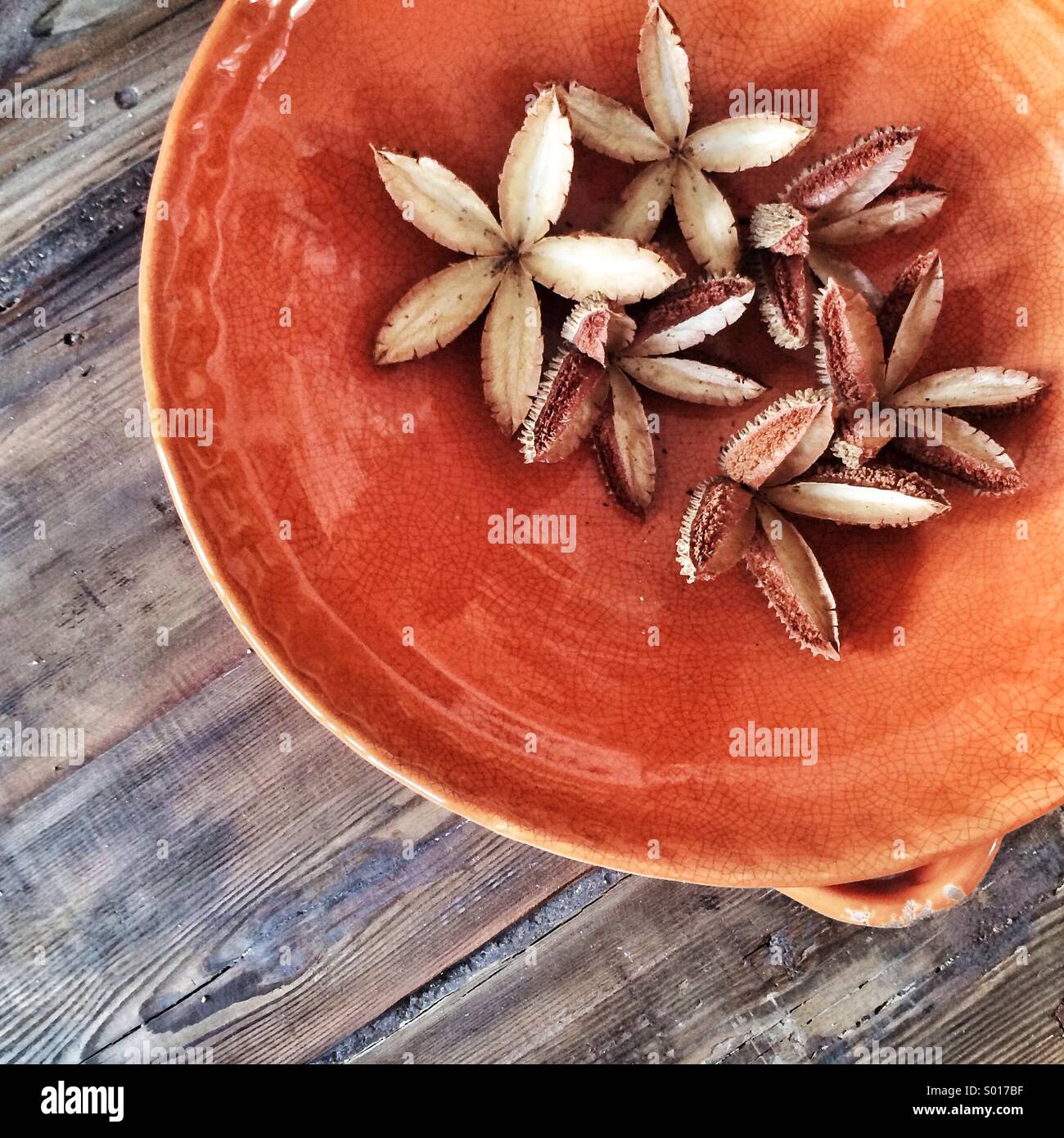 Open seed pods in orange bowl on rustic wooden table Stock Photo