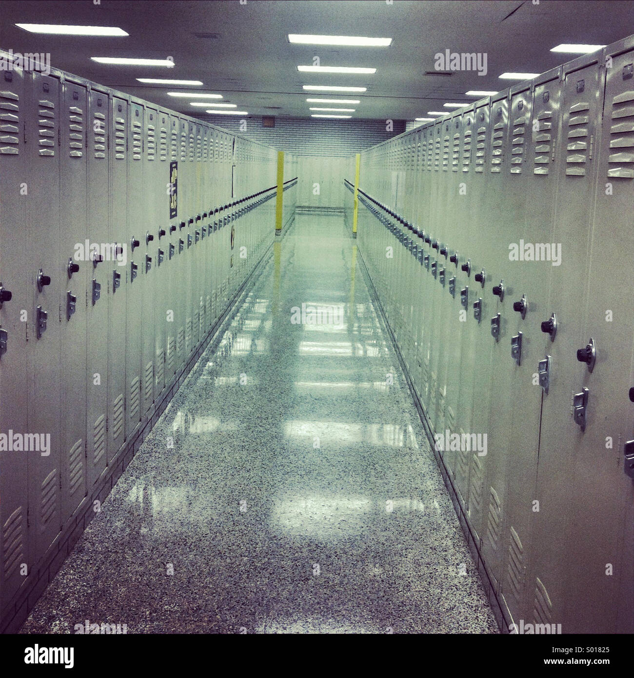 A long hallway of student lockers in a high school Stock Photo