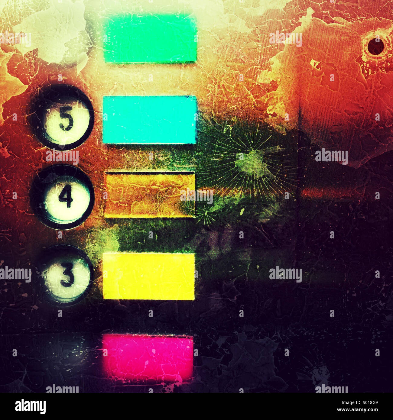 Elevator floor buttons with bright color coding next to them - distressed effect - Smartphone Captured Stock Image
