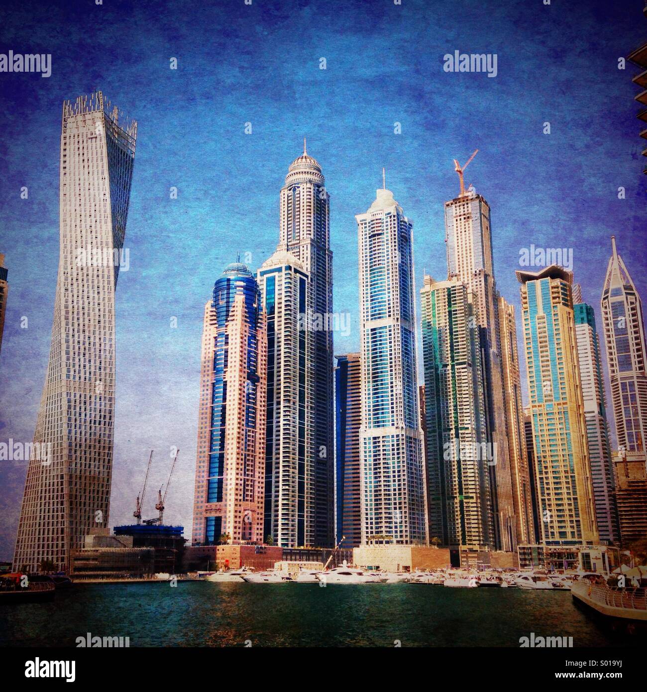 Skyline with skyscrapers in Maria district of Dubai United Arab Emirates - Smartphone Captured Stock Image