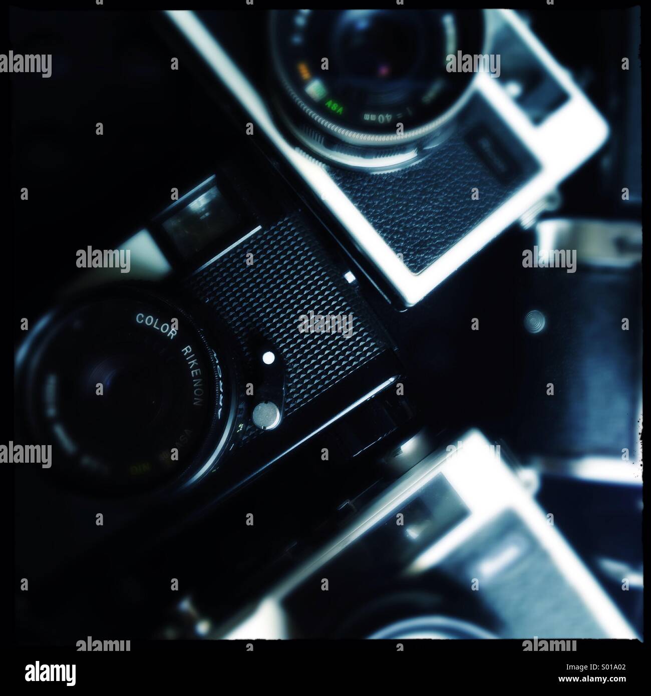 Vintage camera collection on box - Smartphone Captured Stock Image