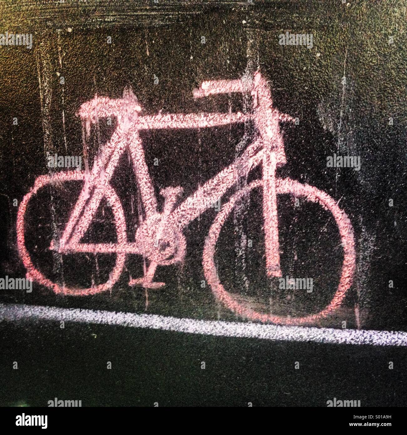 A bicycle painted with chalk decorates a restaurant in Roma Norte, Mexico City, Mexico - Smartphone Captured Stock Image