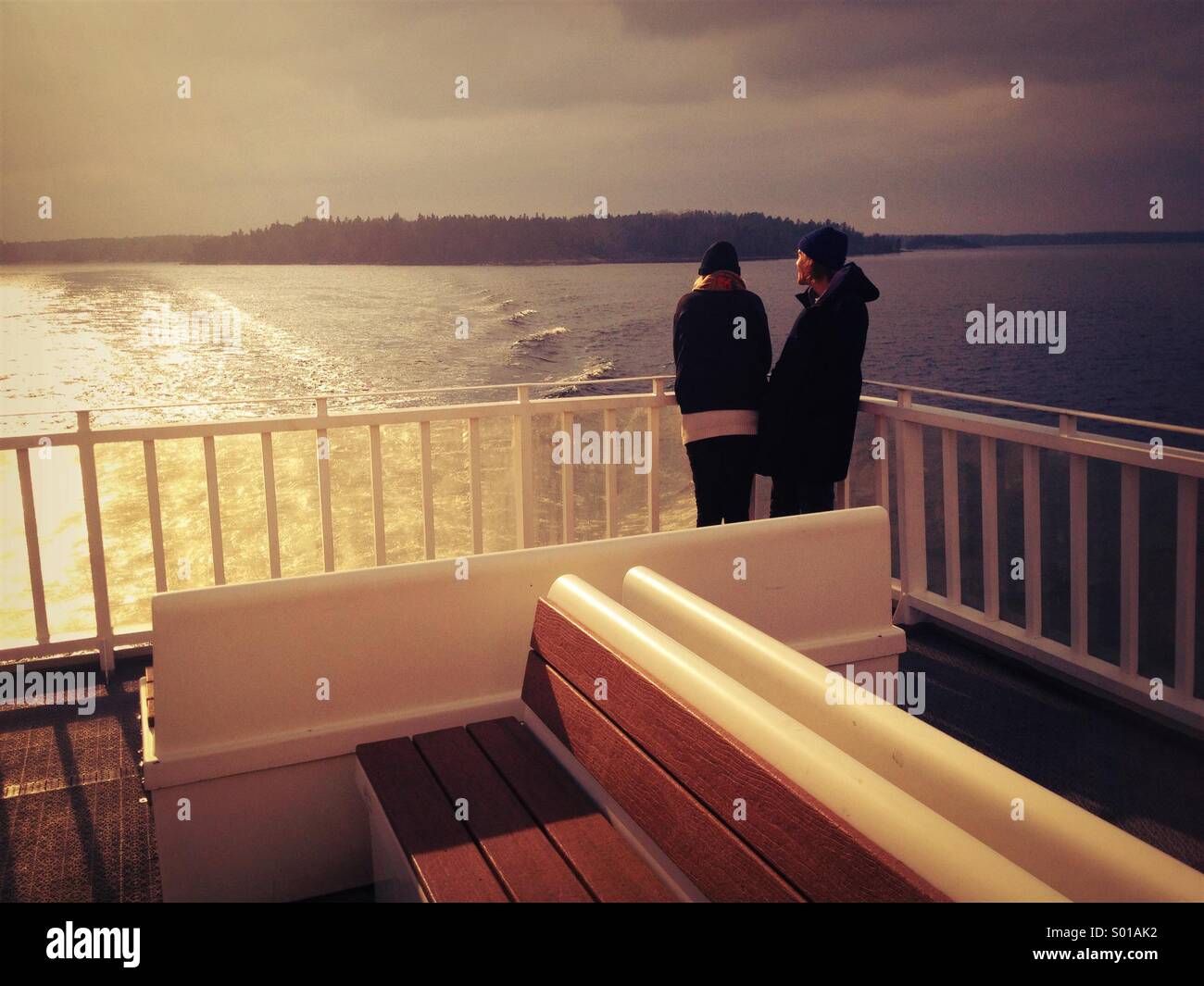 Couple on ferry in Stockholm archipelago. - Smartphone Captured Stock Image