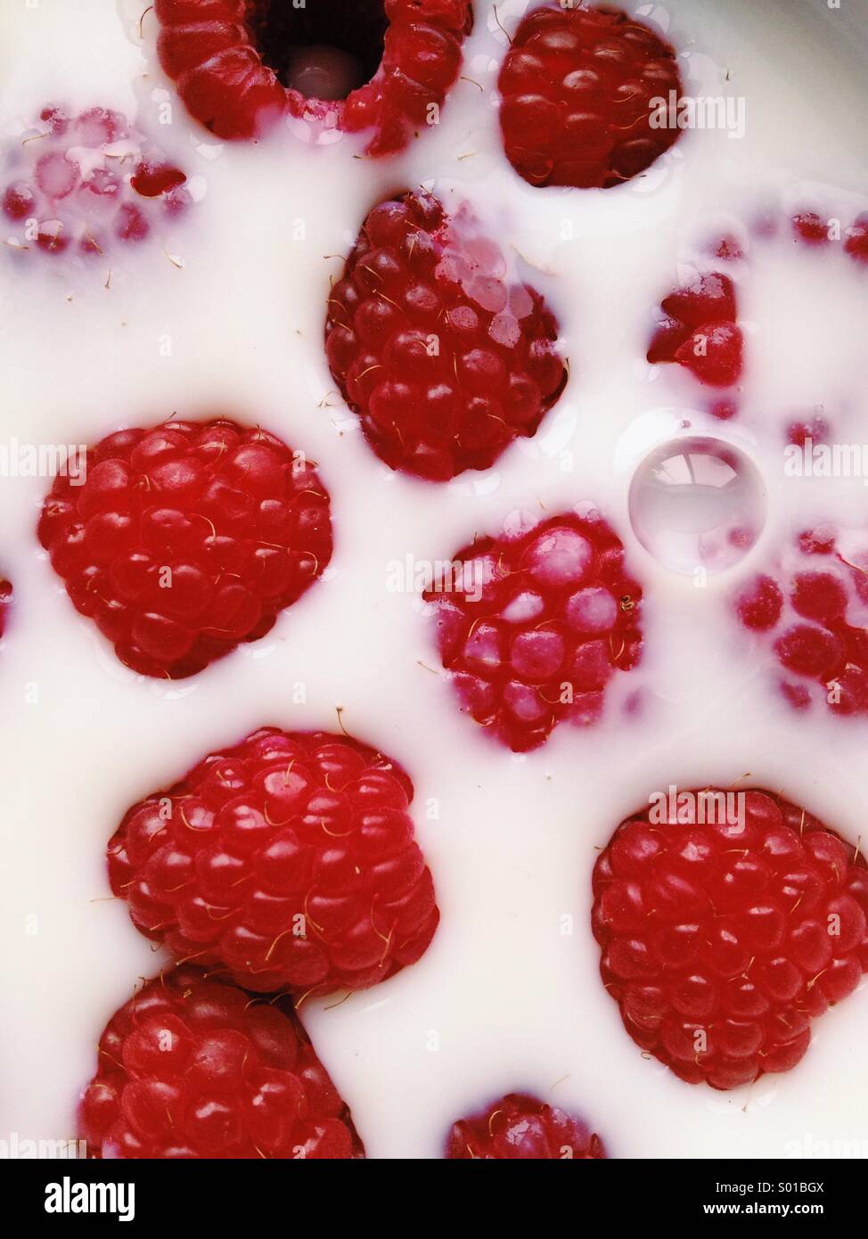 Raspberries in Milk Stock Photo