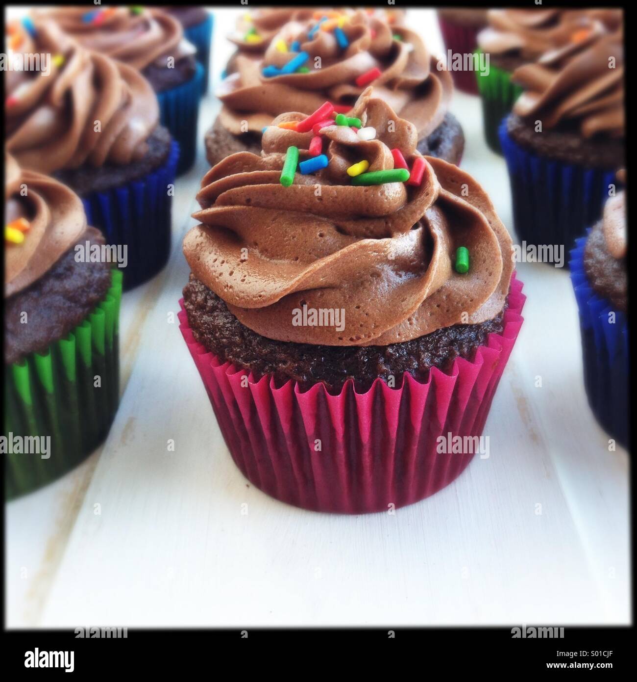 Chocolate cupcakes with sprinkles Stock Photo