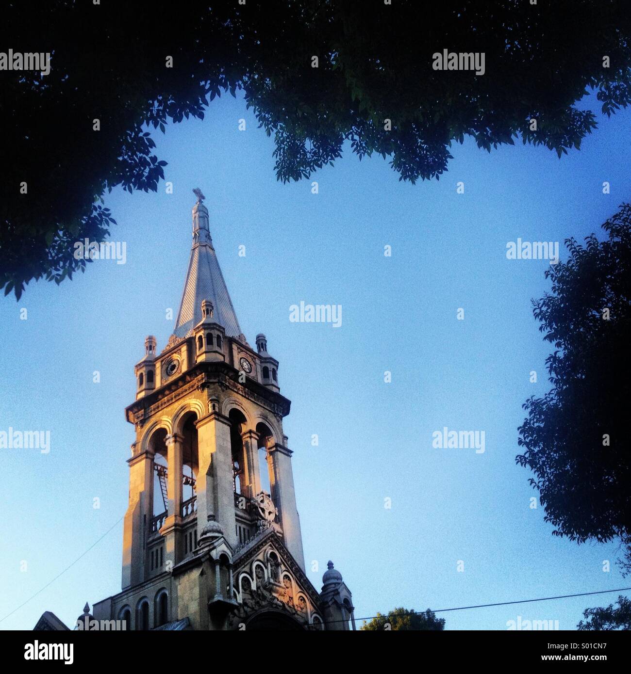 The bell tower of the Sagrada Familia church in Colonia Roma, Mexico City, Mexico Stock Photo
