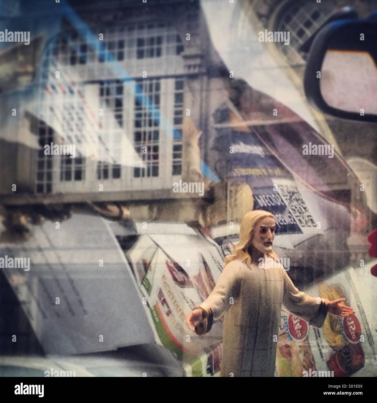 An image of Jesus Christ resurrected with open arms decorate a truck in Colonia Roma, Mexico City, Mexico - Smartphone Captured Stock Image