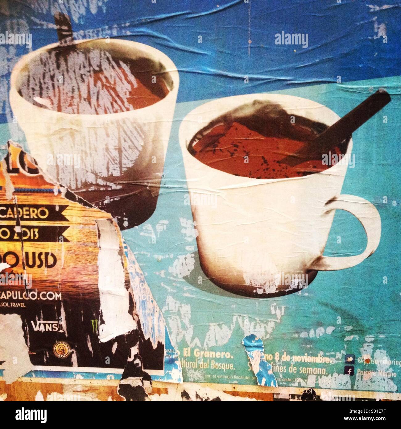 Cocoa cups in an advertising poster decorate a wall in Amsterdam Avenue, Colonia Condesa, Mexico City, Mexico - Smartphone Captured Stock Image