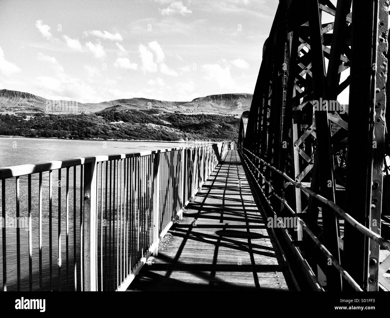 Barmouth Railway Bridge (black & white), Gwynedd, Wales Stock Photo