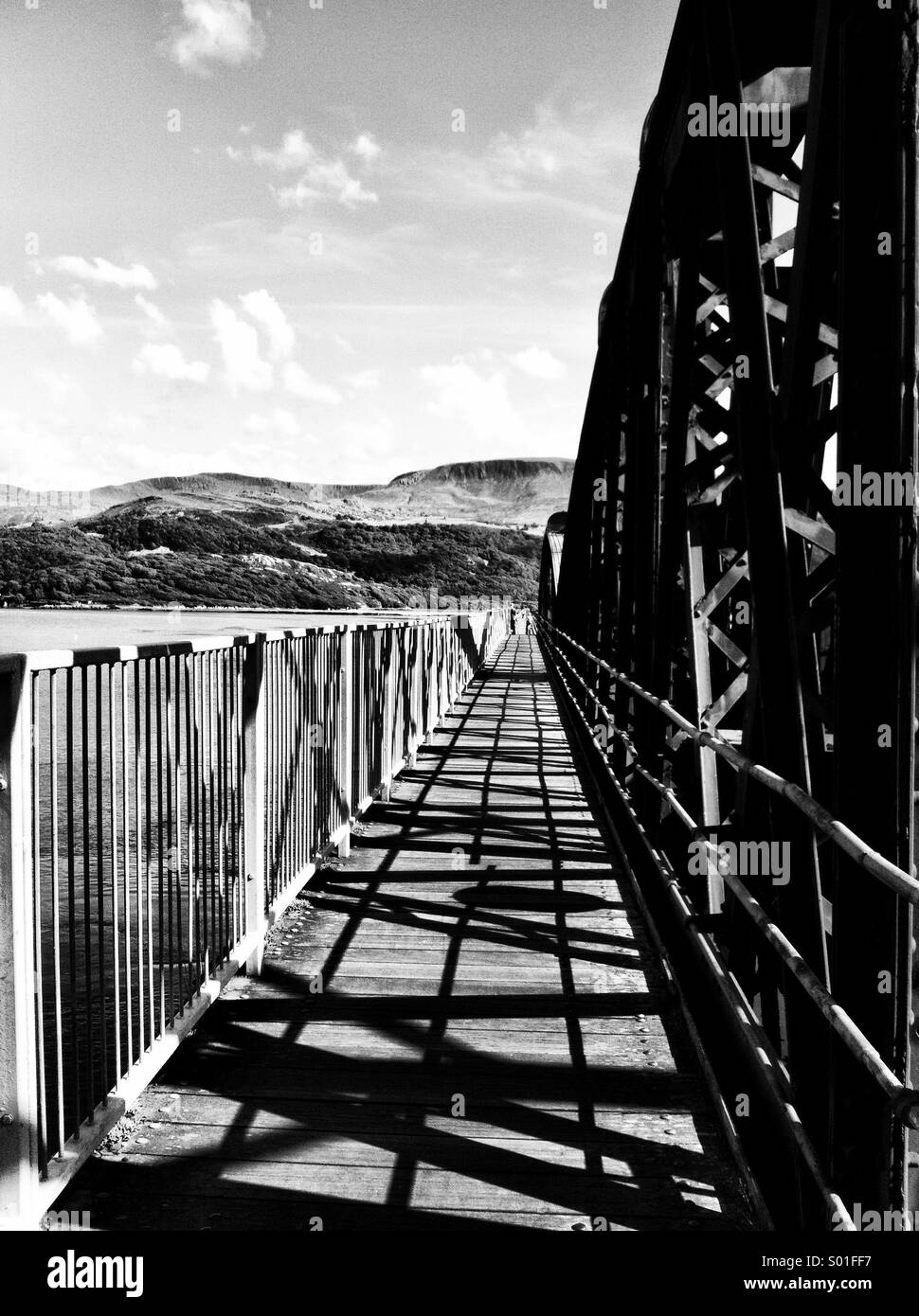 Barmouth Railway Bridge over Mawddach Estuary (black & white) Stock Photo