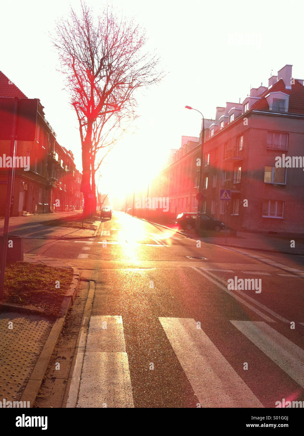 Sunrise at old Warsaw street Stock Photo