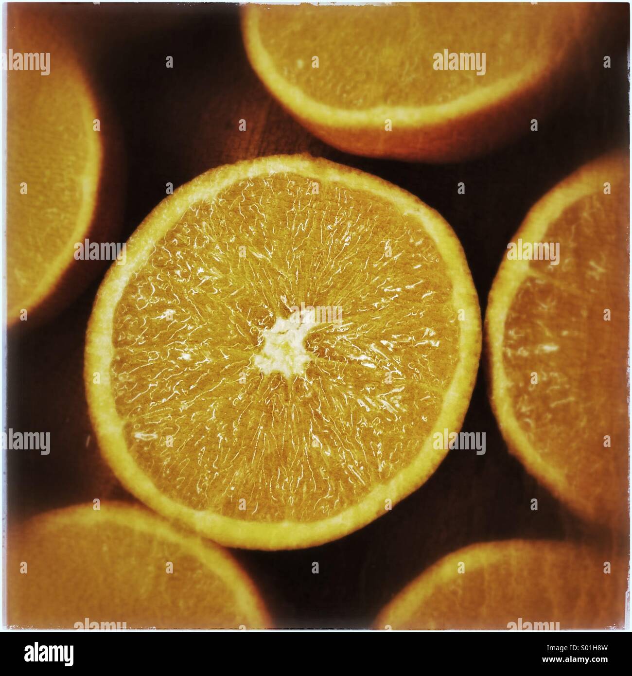Close up of sliced open oranges background Stock Photo