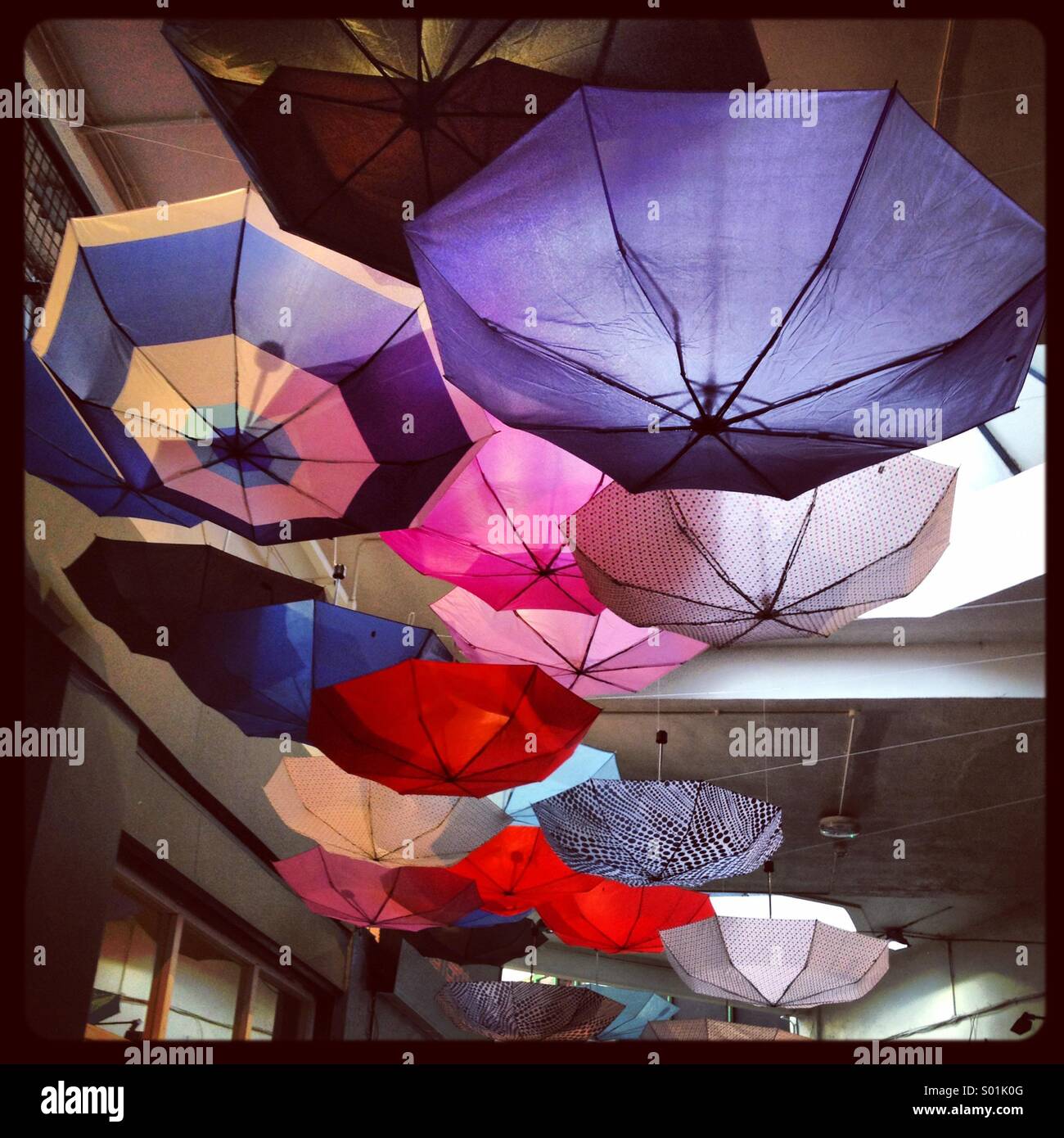 Umbrellas hanging upside down in Brixton Village London Stock Photo Alamy