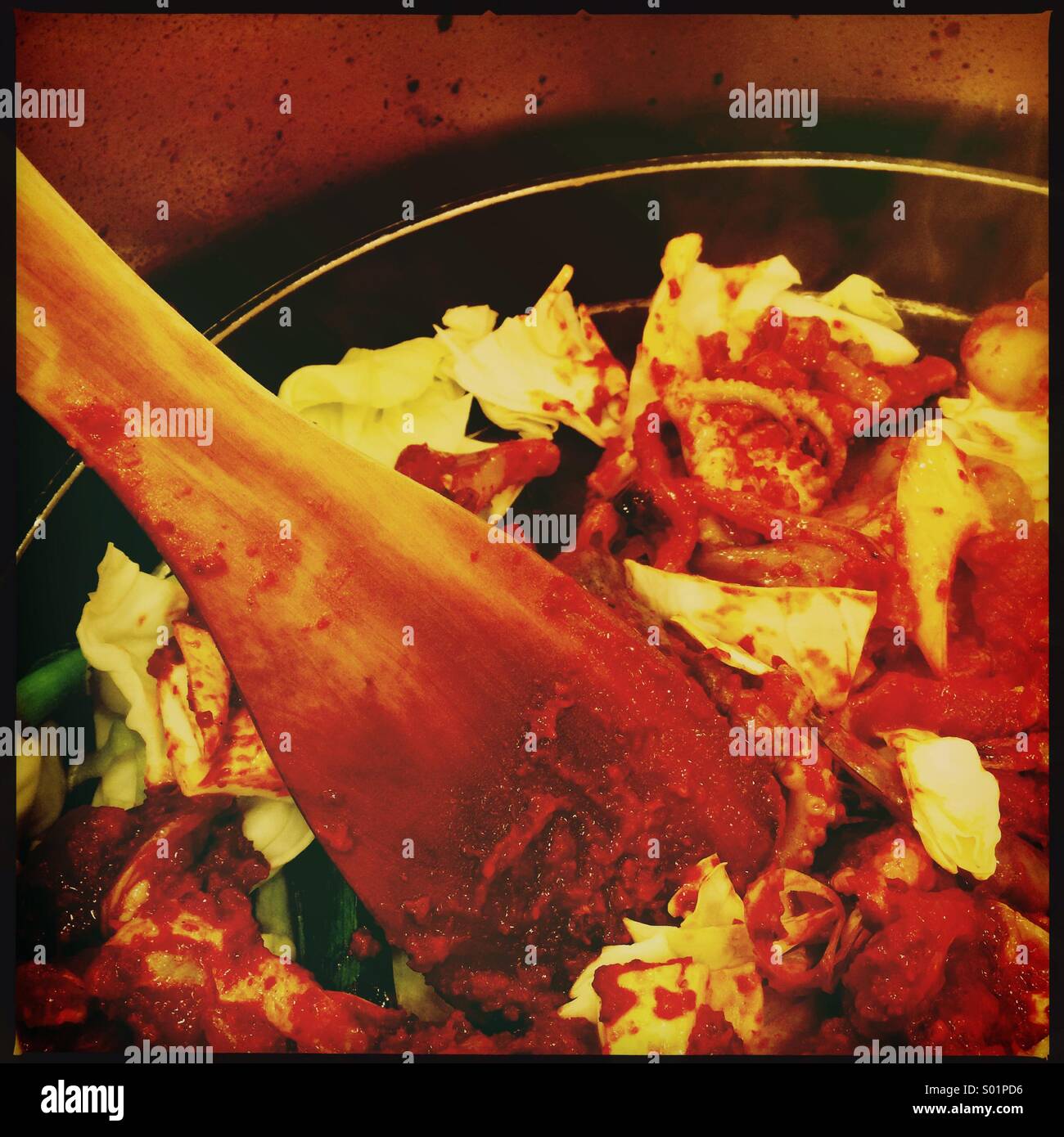 Korean chicken galbi and seafood dish - Smartphone Captured Stock Image