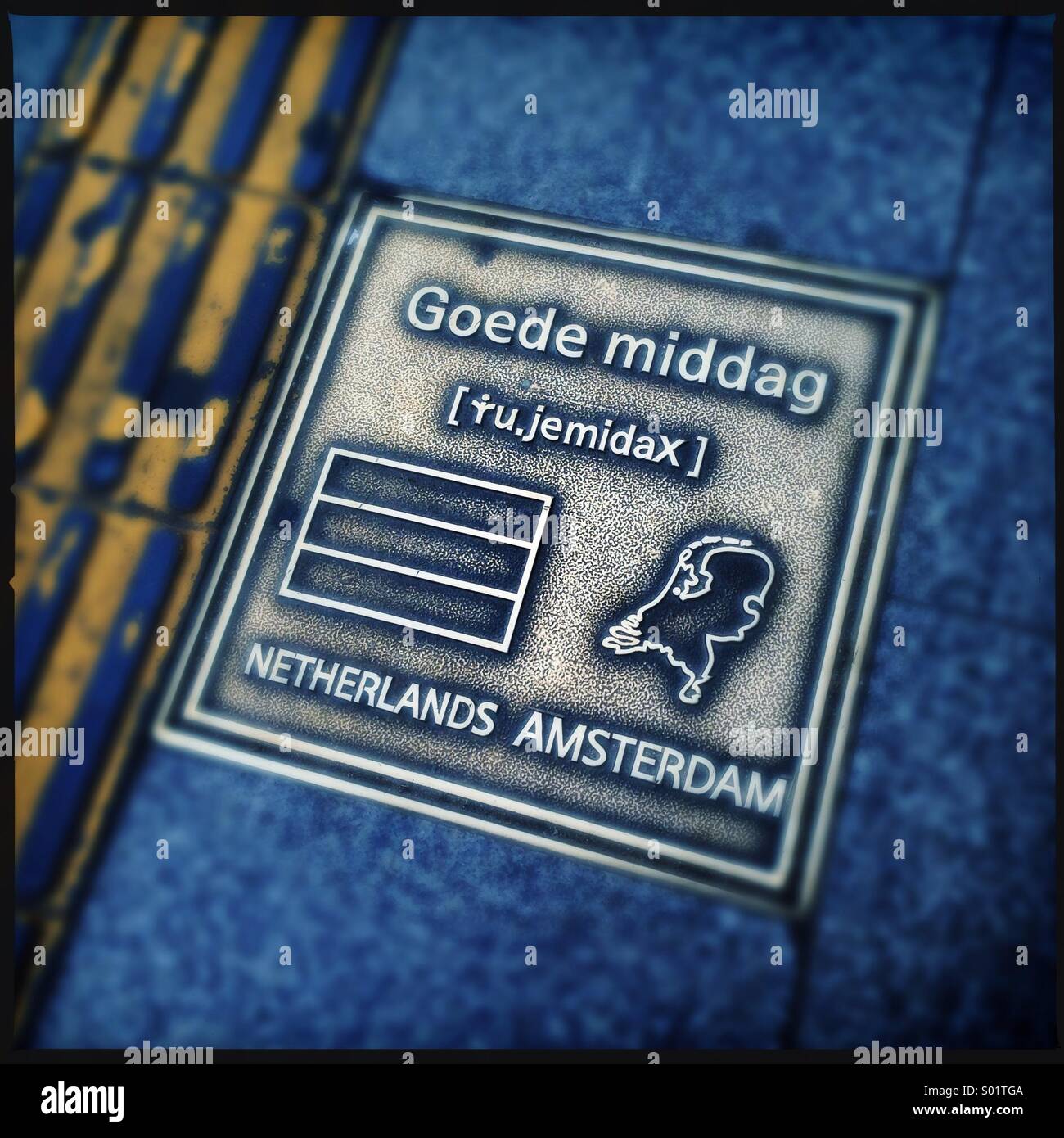 Brass plate on sidewalk showing hello, flag and map. Seoul,Korea Stock Photo Alamy