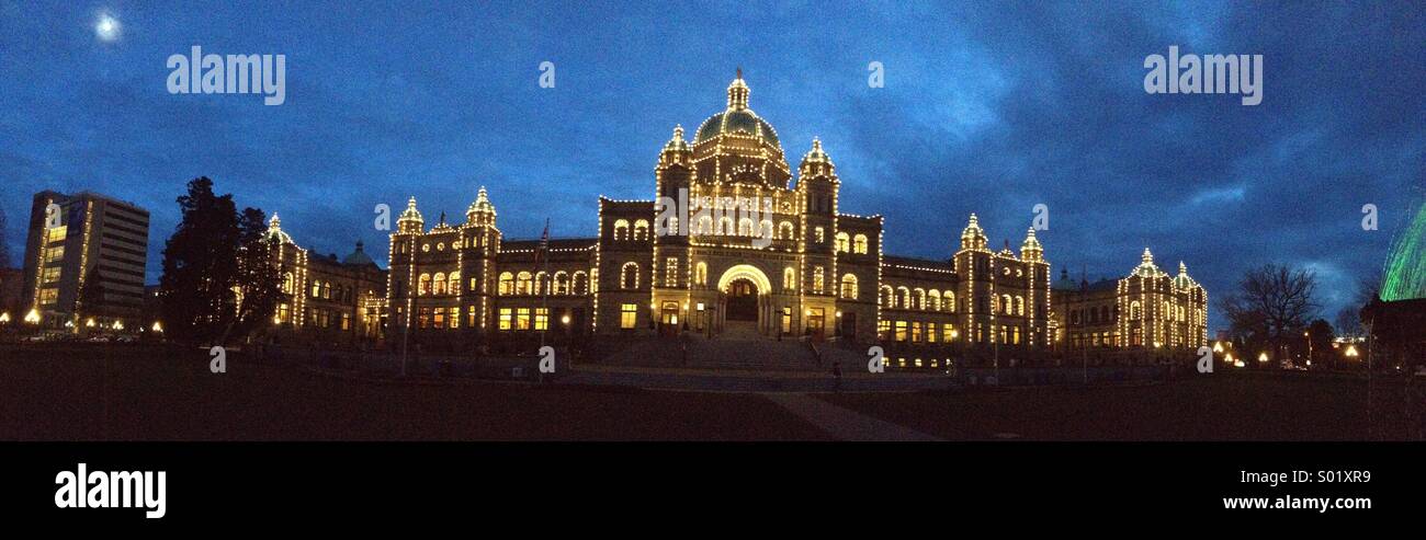 Government House, illuminated at dusk, Victoria, BC, Canada, Panoramic - Smartphone Captured Stock Image