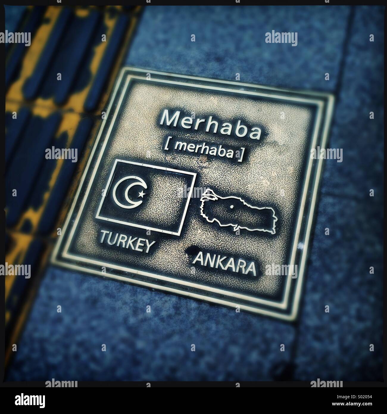 Brass plate on sidewalk showing 'hello' in turkish.Seoul,Korea Stock Photo Alamy