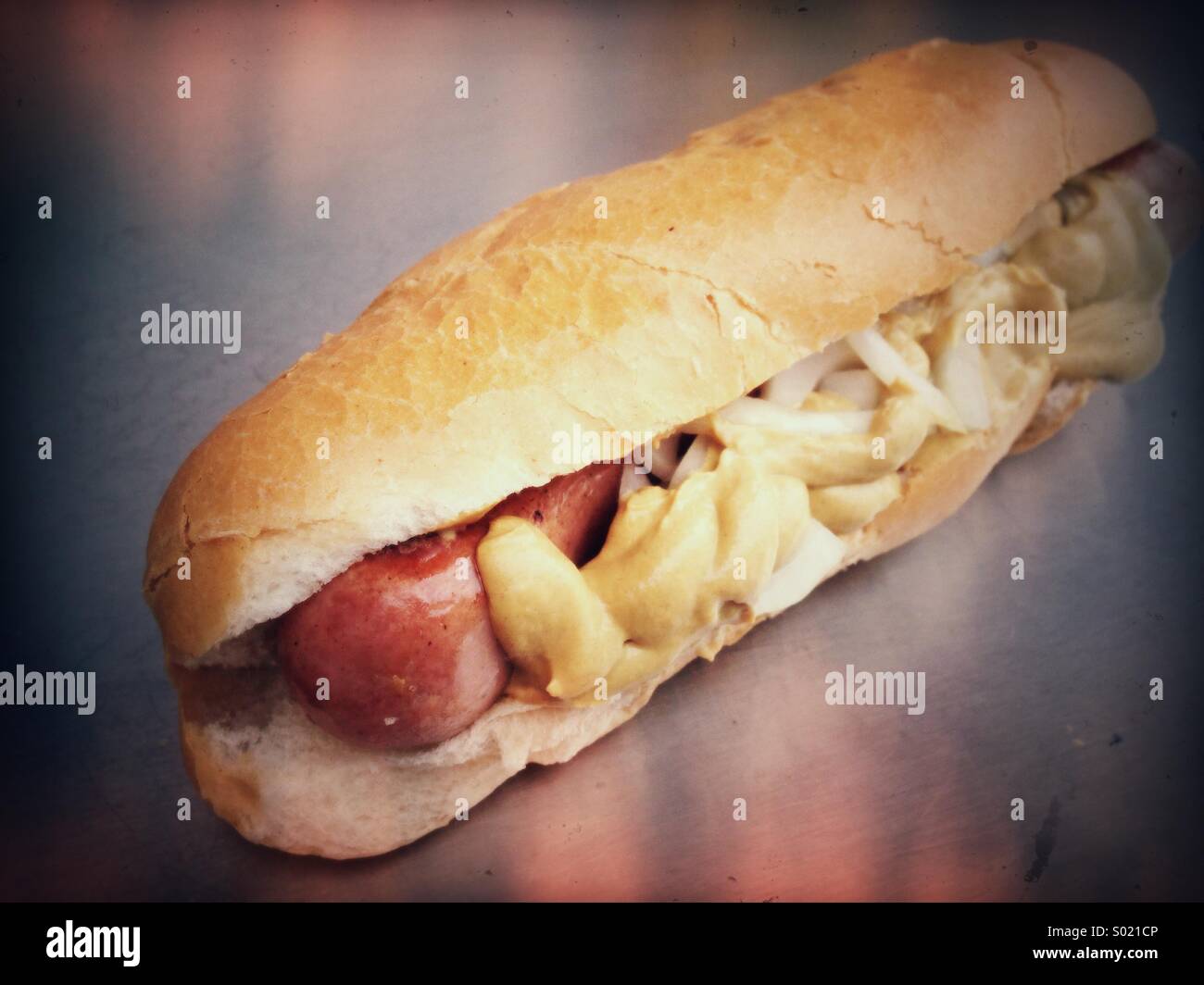 Hot dog with mustard and onions Stock Photo Alamy