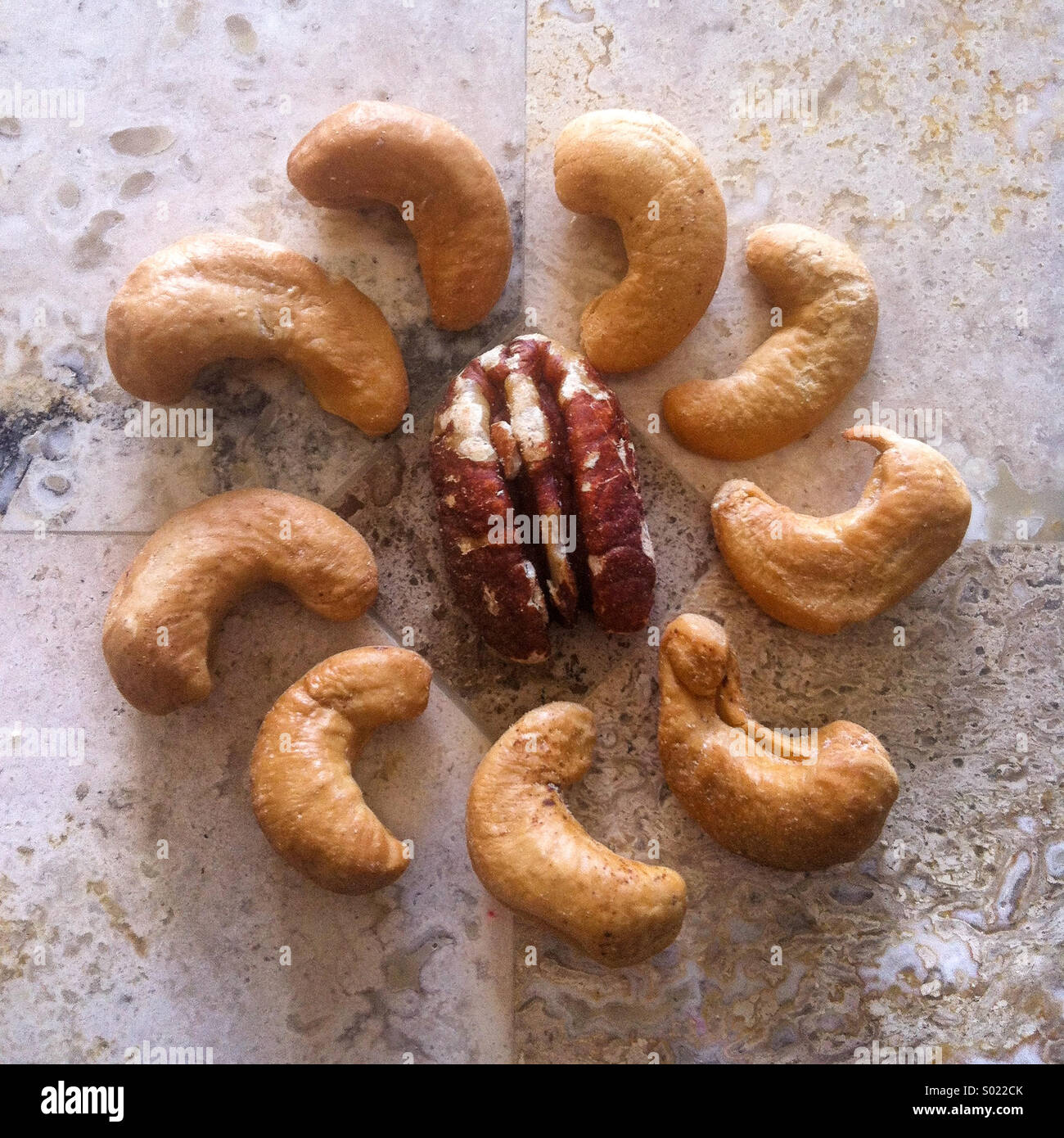 A flower design created with cashews and a walnut Stock Photo
