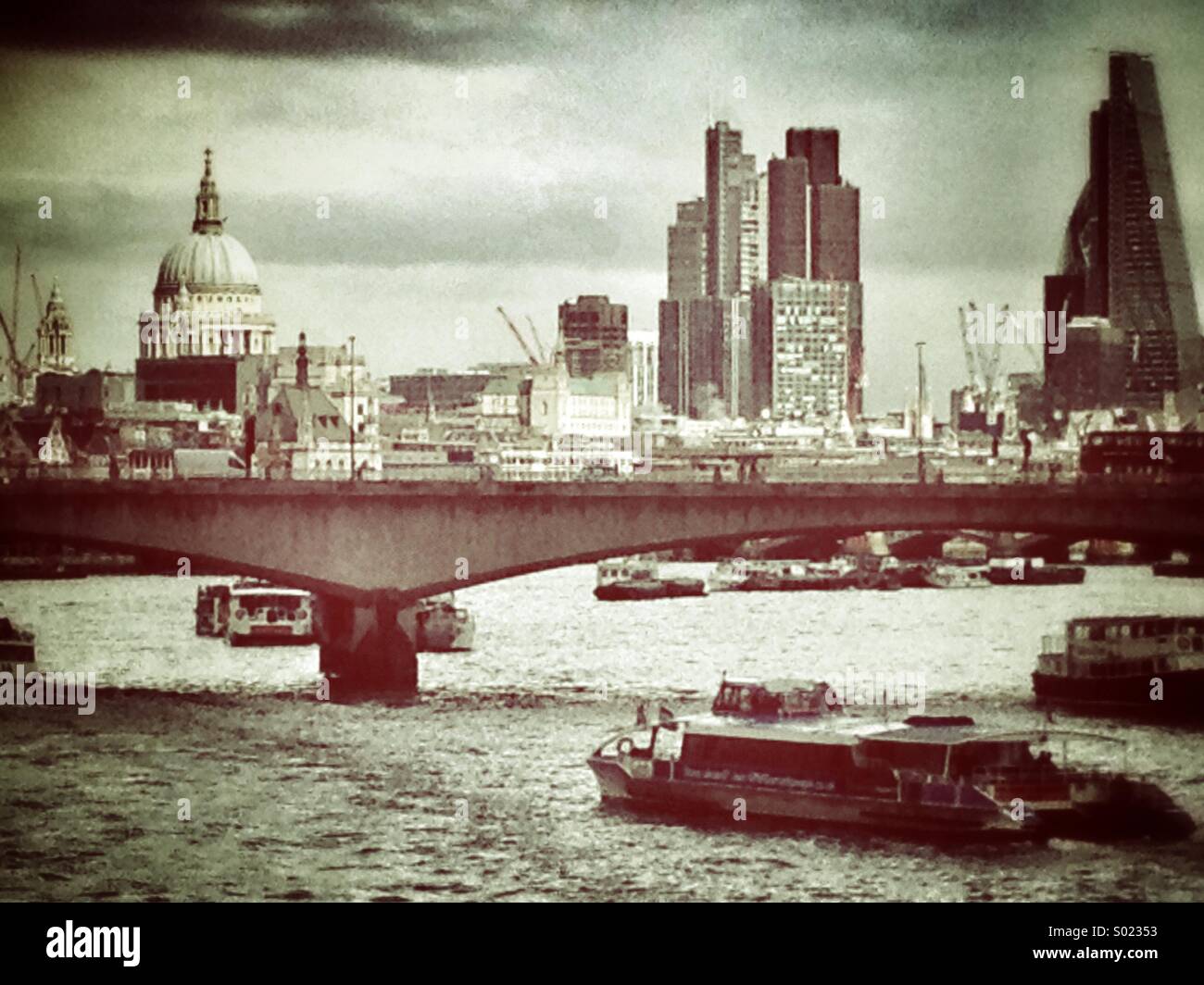 View of Waterloo Bridge with the City of London behind it. - Smartphone Captured Stock Image