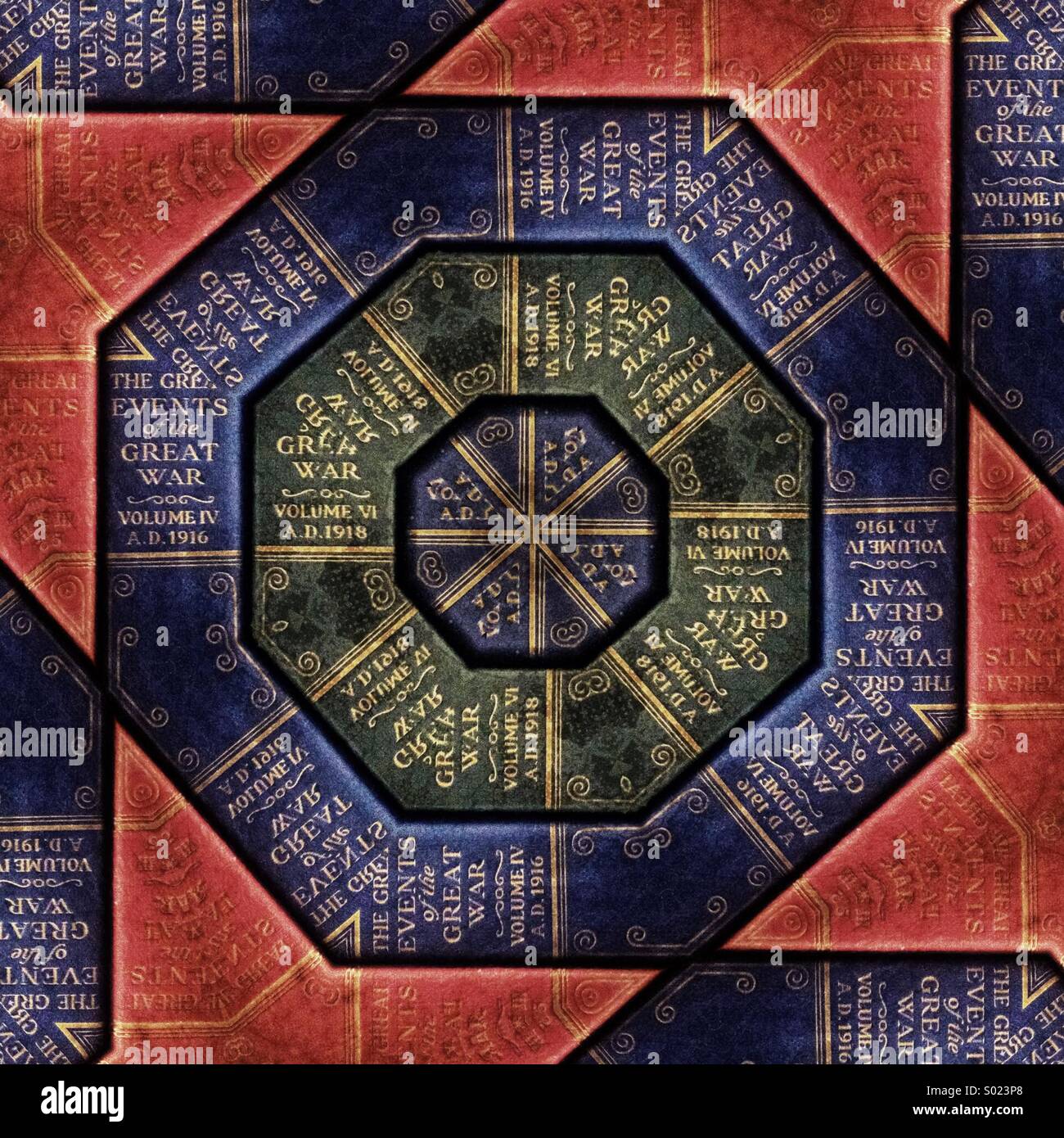 A kaleidoscope pattern made from the spines of books about the Great War - Smartphone Captured Stock Image