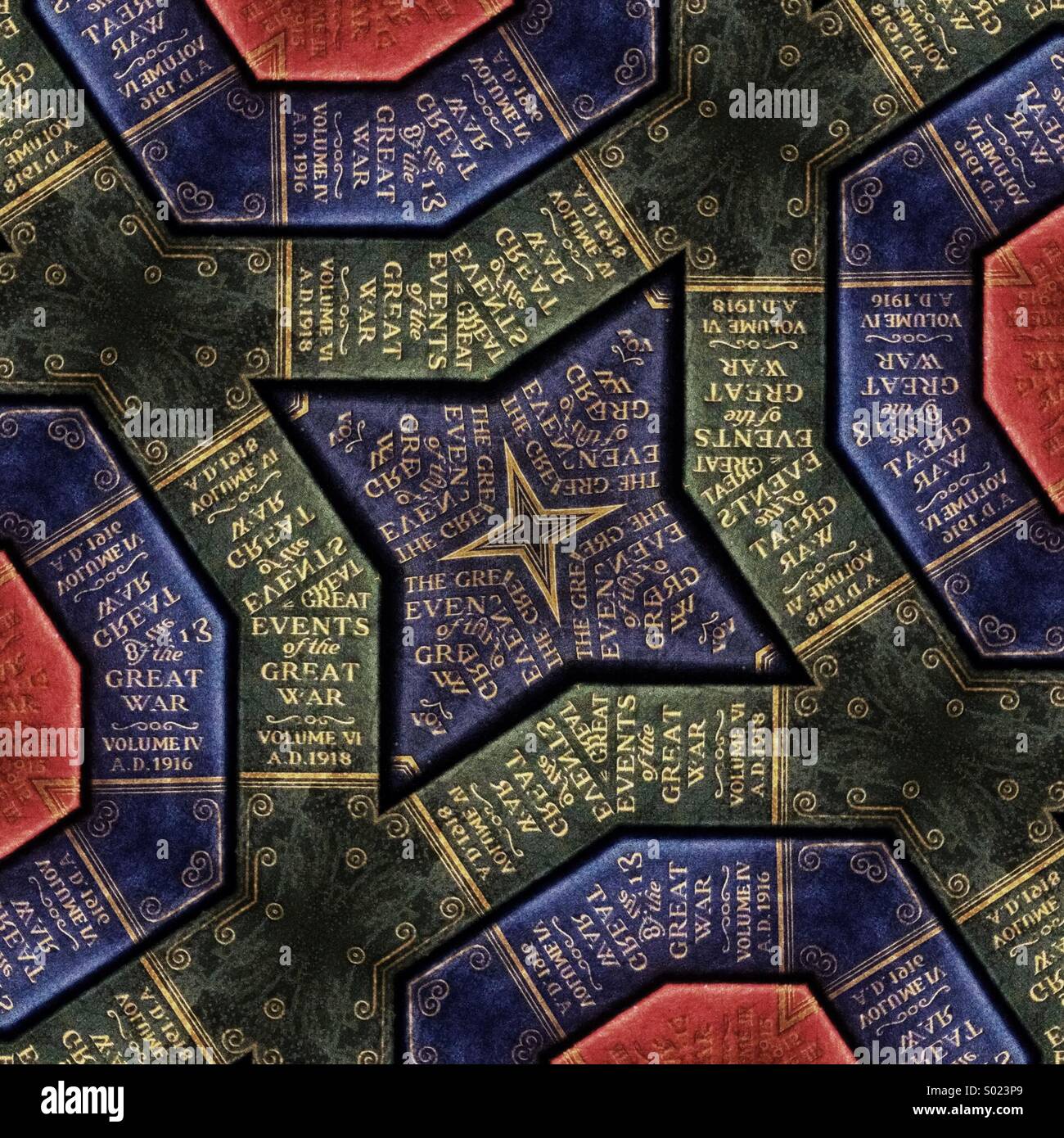A kaleidoscope pattern made from the spines of books about the Great War - Smartphone Captured Stock Image