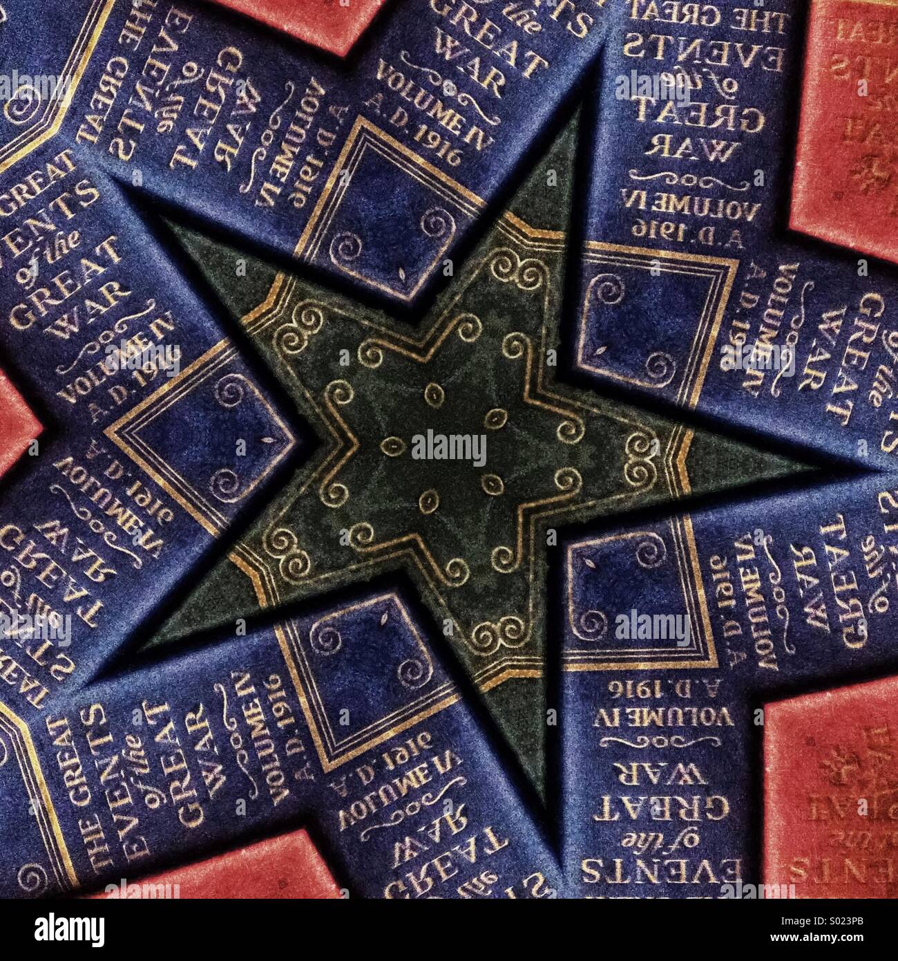 A kaleidoscope pattern made from the spines of books about the Great War - Smartphone Captured Stock Image