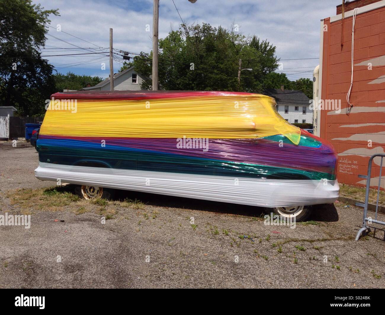 Van wrapped in colored plastic - Smartphone Captured Stock Image