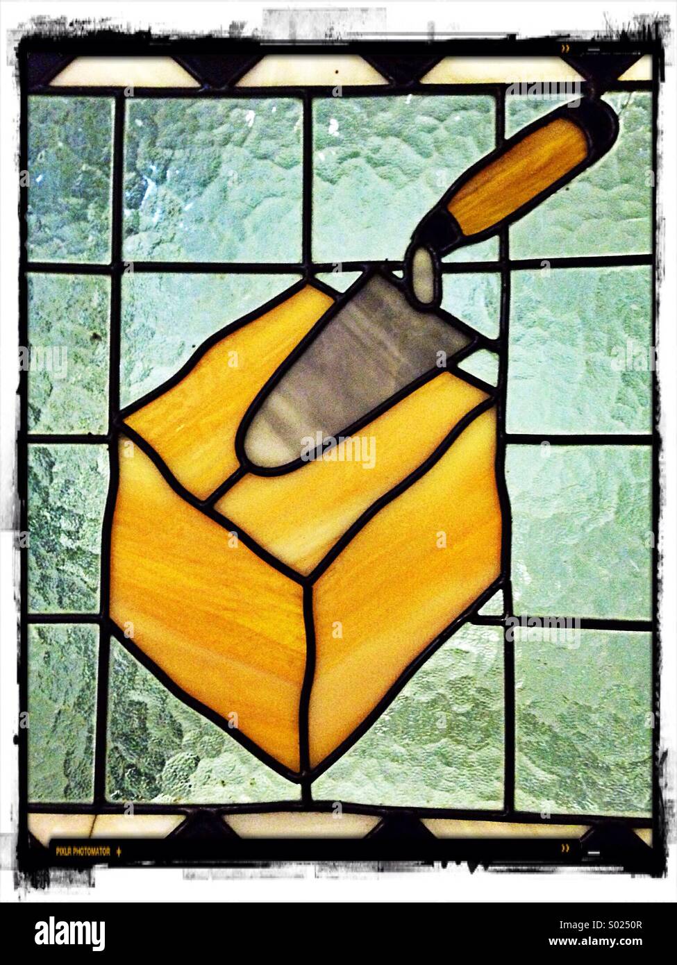 Freemason symbol on stained glass - Smartphone Captured Stock Image
