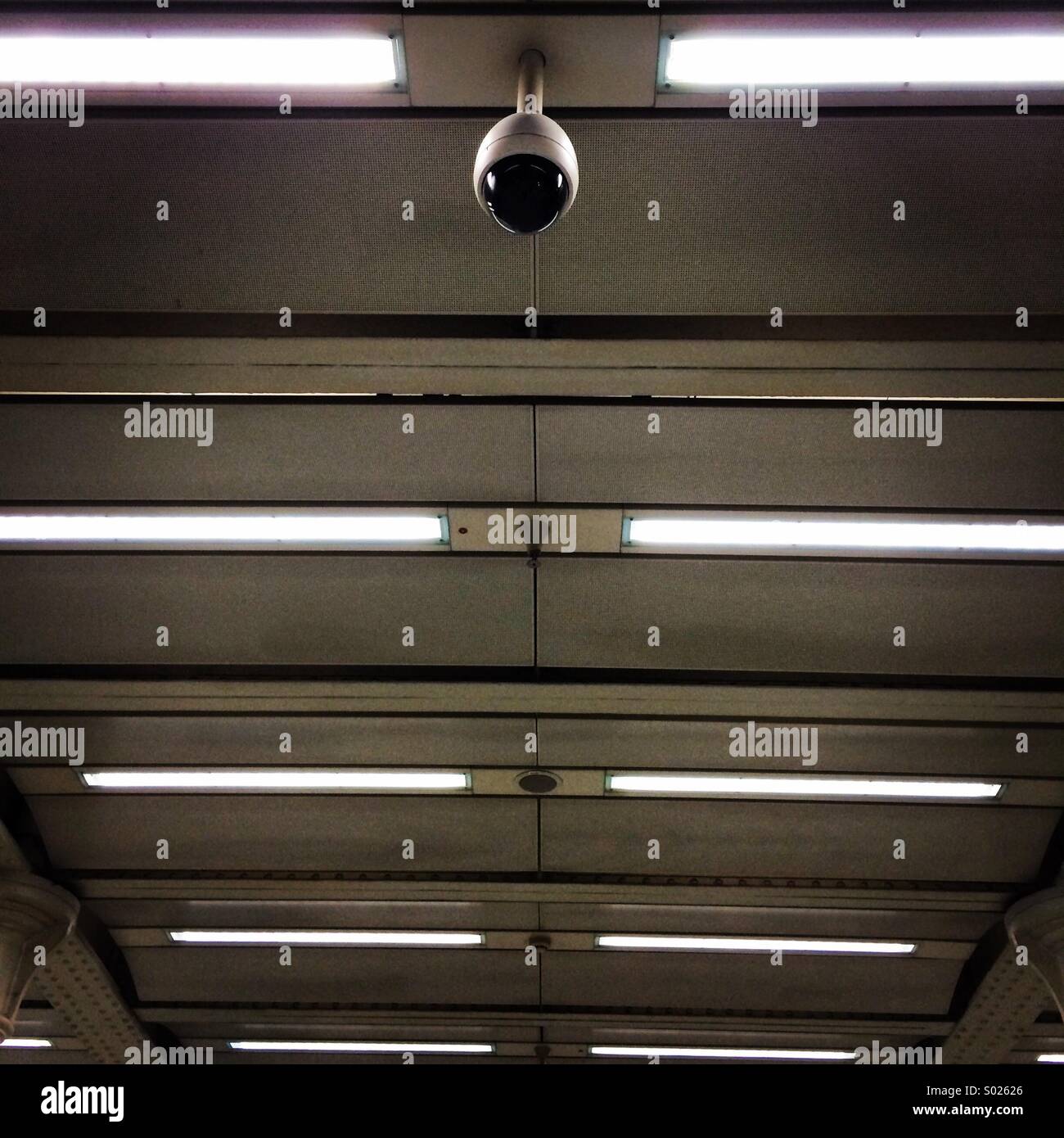 CCTV positioned on ceiling with strip lighting. - Smartphone Captured Stock Image